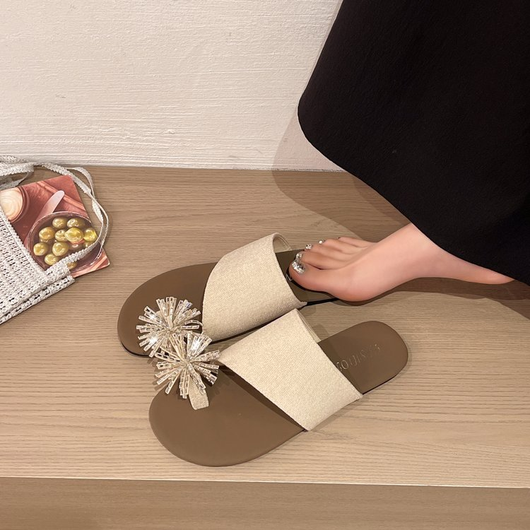 Firework Holiday French Rhinestone Retro Women's Shoes, New Spring Thick-soled One-strap Slippers, Elegant Toe-loop Slides For Outdoor Wear