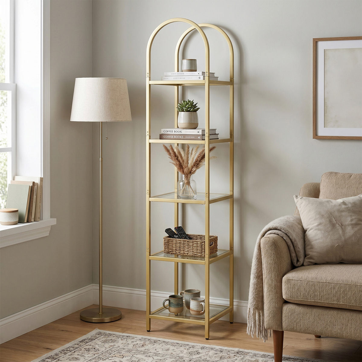 5 Tier Open Bookshelf Metal Tempered Glass Modern Tall Bookcase Display Storage Shelf Rack For Home Gold