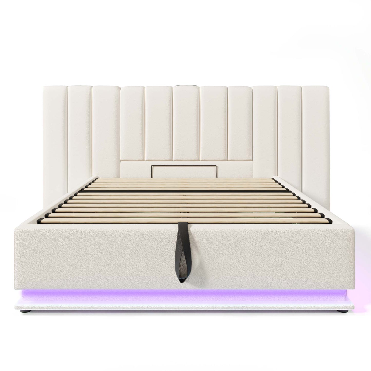 Upholstered Bed 160x200, Double Bed Storage Bed With App Control LED And USB-C Charging Function, Bed Frame With Slatted Frame, PU, White, Without Mattress And Bedside Table