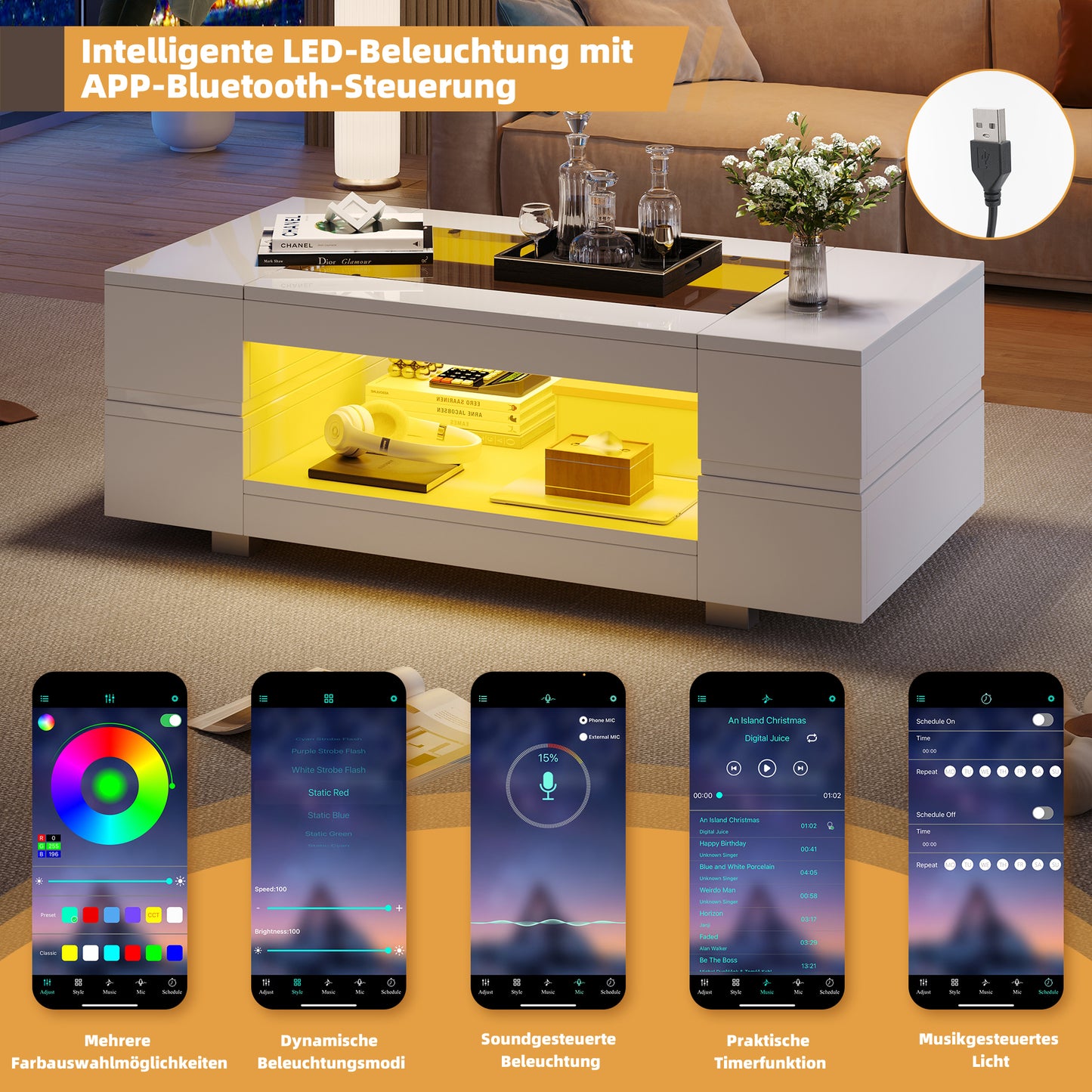 White LED Coffee Table With Bluetooth App Control, Coffee Table, Sofa Table, Living Room Table, Suitable For Party, Office, Living Room