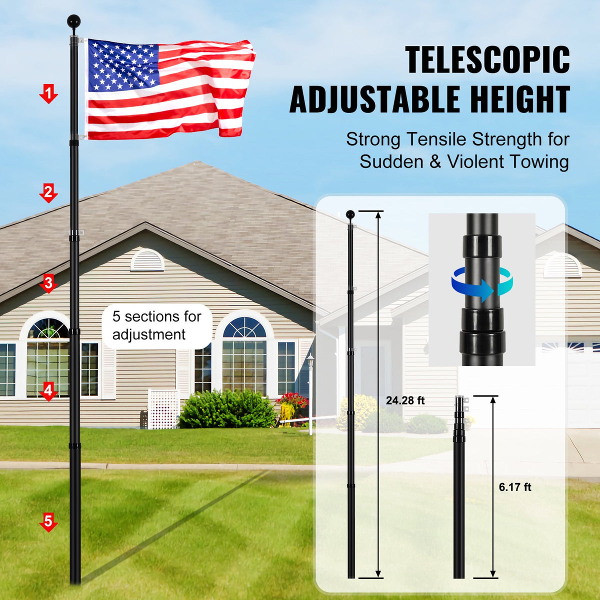 25FT Telescoping Flag Pole Kit, Heavy Duty Aluminum Alloy In Ground Flag Poles For Outside, 3 Display Modes Flagpole With 3x5 American Flag, Professional Accessories, Black