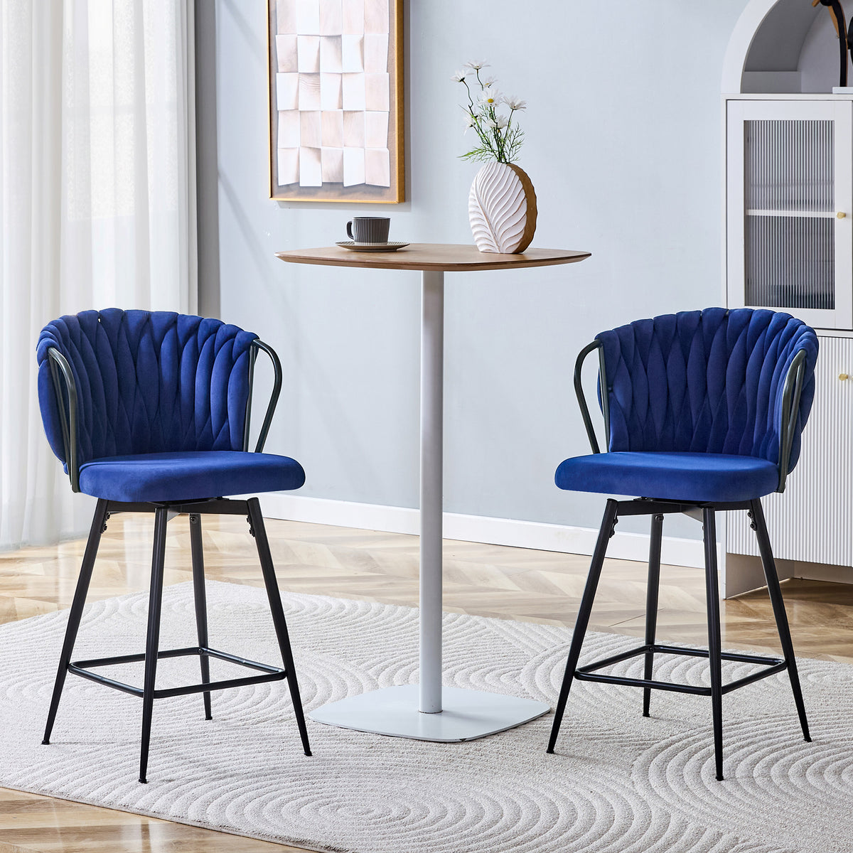 Set Of 2 Modern Velvet Braided Bar Stool With Metal Frame, Upholstered Counter Height Stool With Woven Rope Backrest For Kitchen Island, Home Bar Or Dining Area -Blue