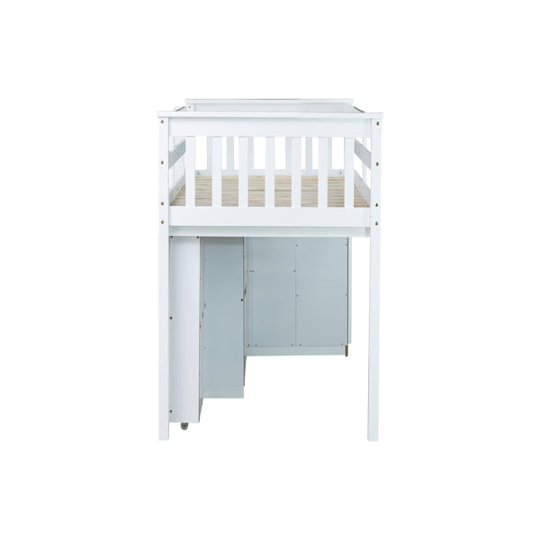 Twin Loft Bed With Storage Cabinet, Drawer And Shelf Cabinet And Pulling-Out Desk, Rubber Wood Loft Bed With Safety Guardrail, Ladder,White