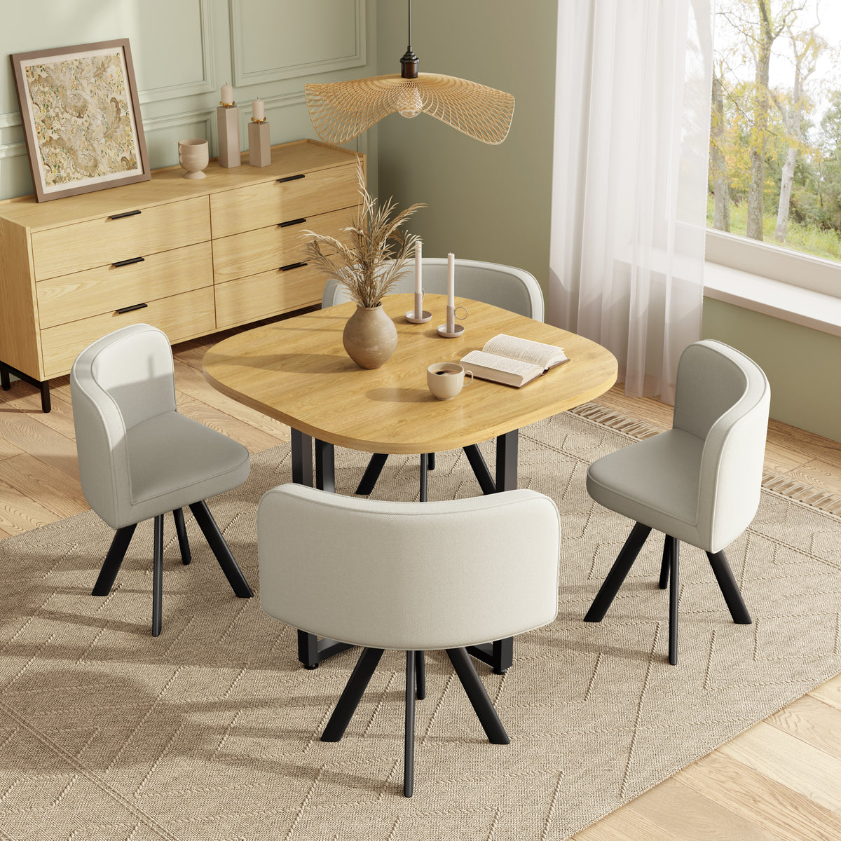 Dining Table And Chair Set For 4 People, Consisting Of A Dining Table 85 X 85 Cm And Four Chairs Covered With Linen, Suitable For Kitchen And Dining Room Oak Table Top Beige Chairs