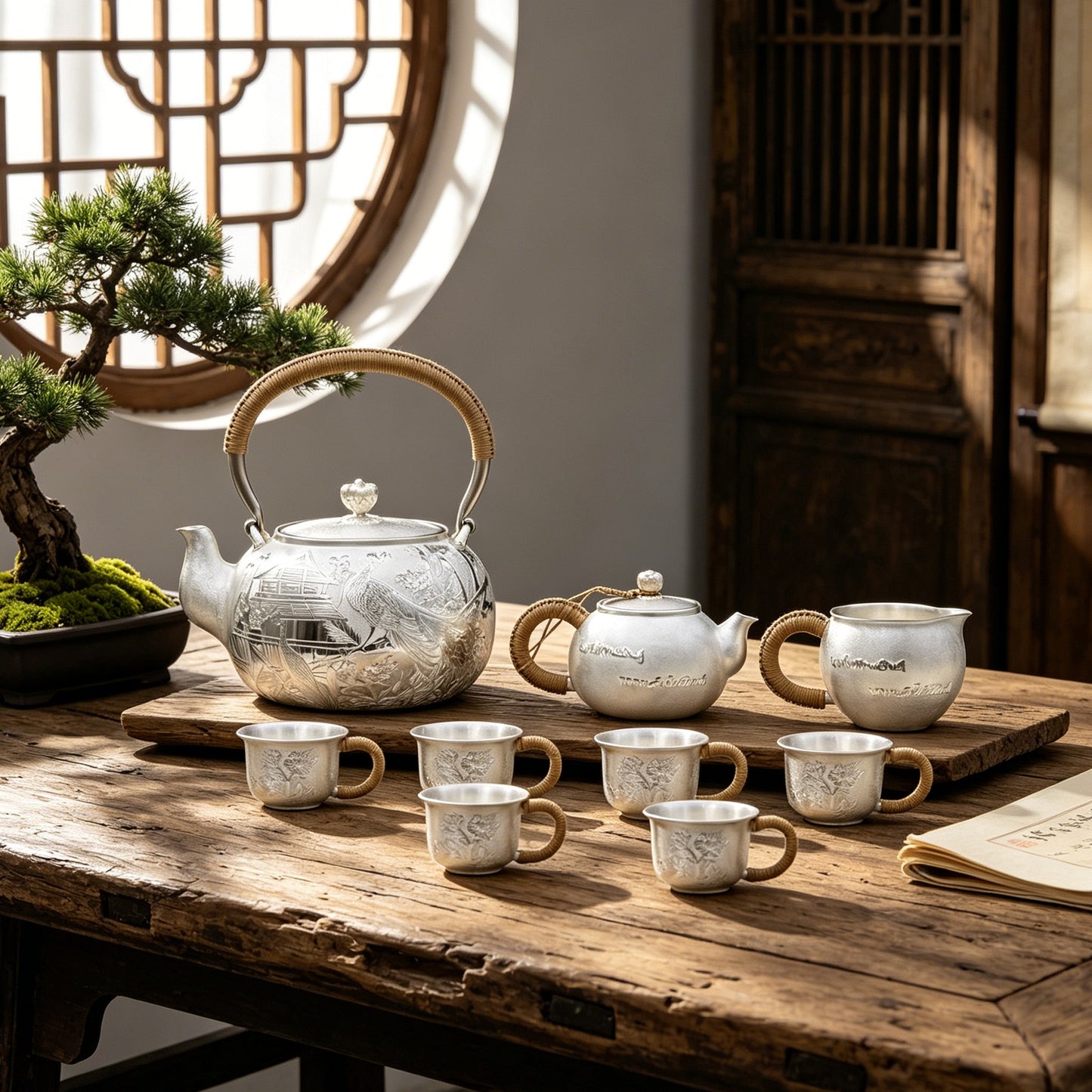 925 Sterling Silver Thai Tea Set with Woven Handles and Intricate Floral Motifs - Handicraft