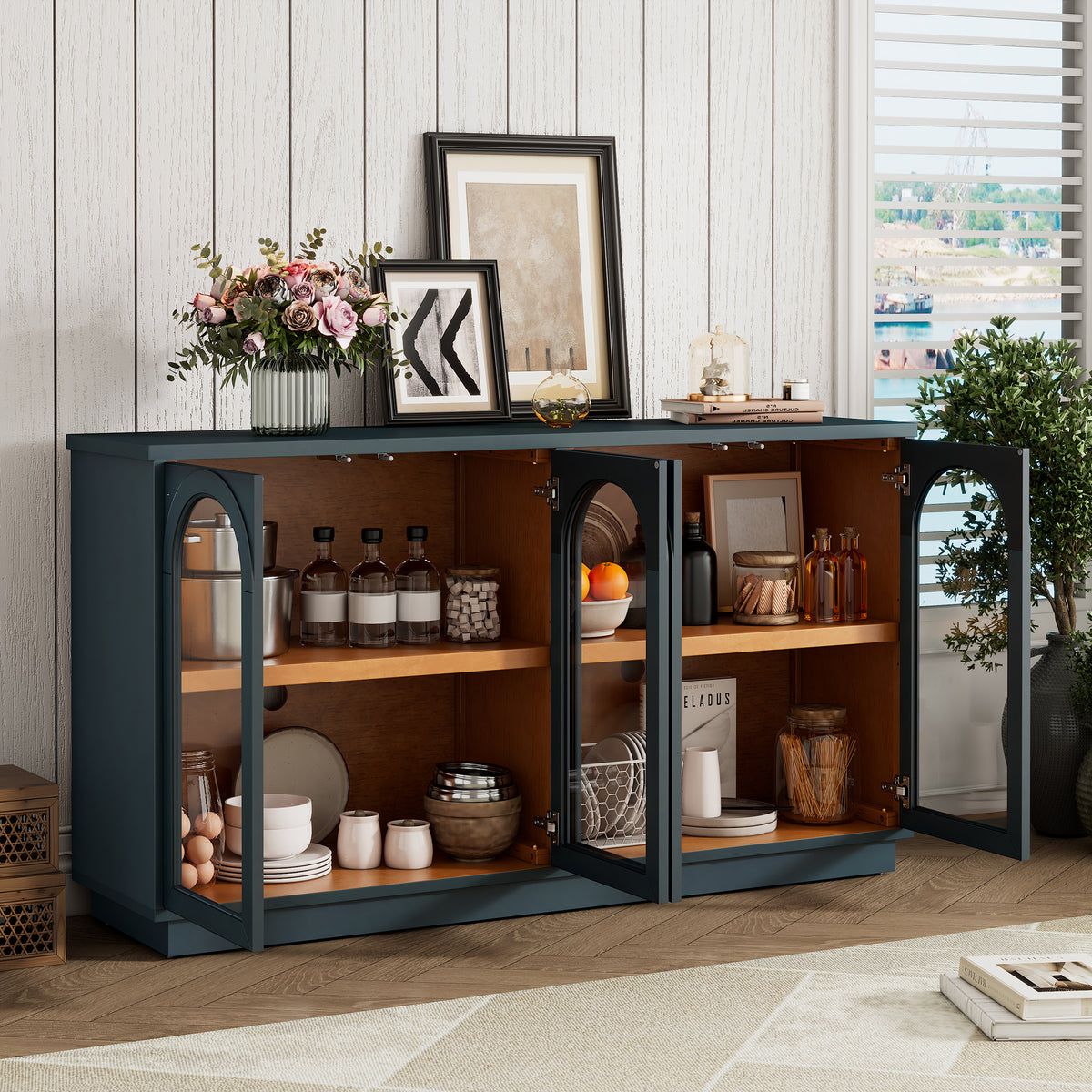 TREXM 4-Door Large Storage Buffet Cabinet With Glass Doors Arched Cabinet With Adjustable Shelves For Kitchen Dining Room And Living Room Navy