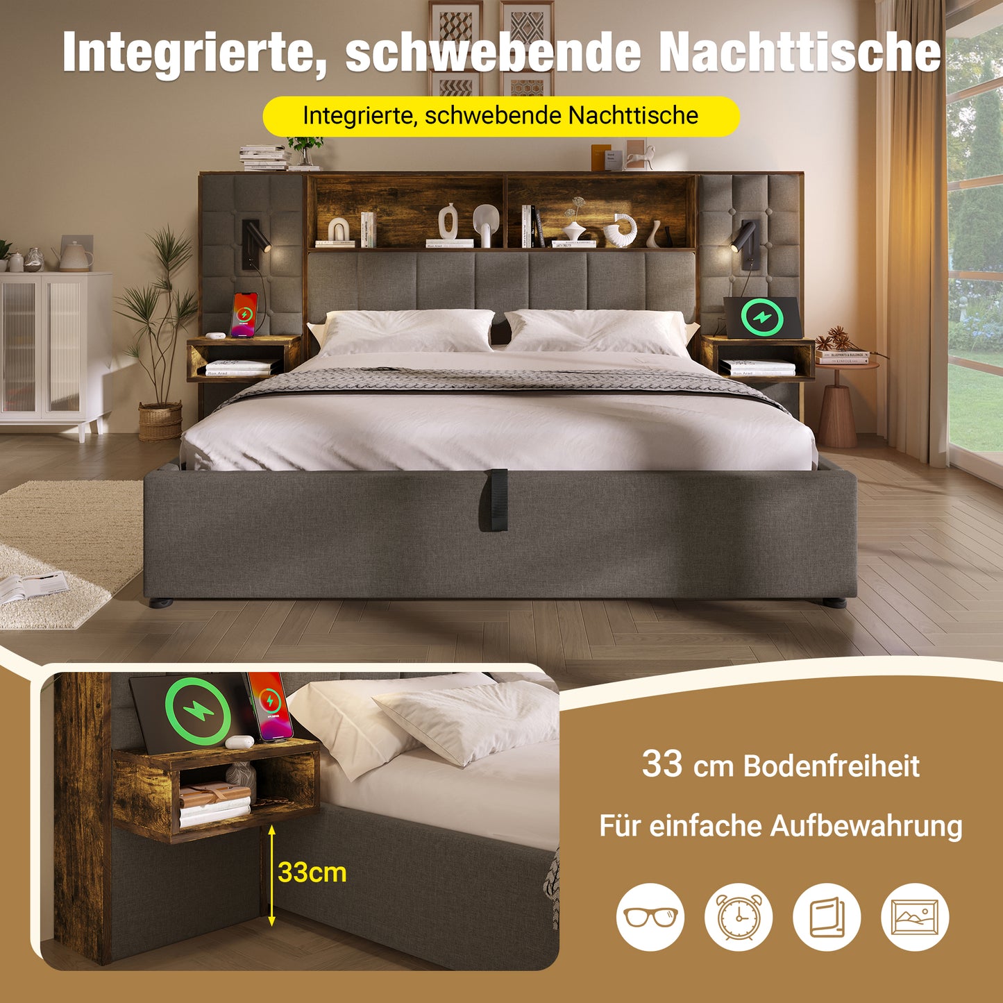 Upholstered Bed 160x200 With Storage Space, Grey System Bed, LED Lighting & 2 Reading Lamps, 2 Integrated Bedside Tables, USB Type-C Charging Port, Linen Fabric, Including Slatted Frame, Without Mattr