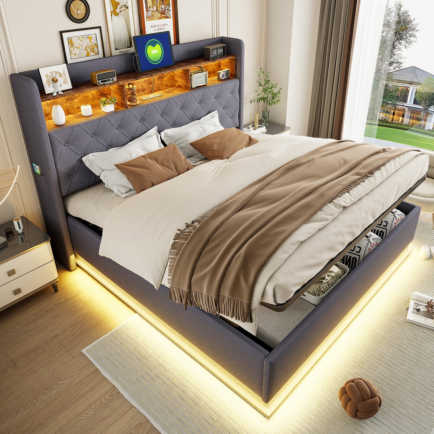 LED Upholstered Bed 180 X 200 Cm, Upholstered Storage Bed With USB Charging Port And Hydraulic Storage Space, Skin-friendly Linen Fabric, Grey