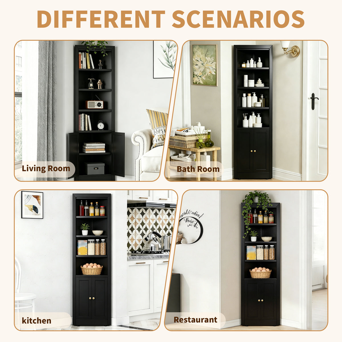 71 Tall Corner Storage Cabinet With 2 Doors, 5-Tier Metal Cabinet With Adjustable Shelves, Freestanding Kitchen Storage For Pantry, Living Room, Bathroom, Laundry Room, Space Saving Furniture, Black