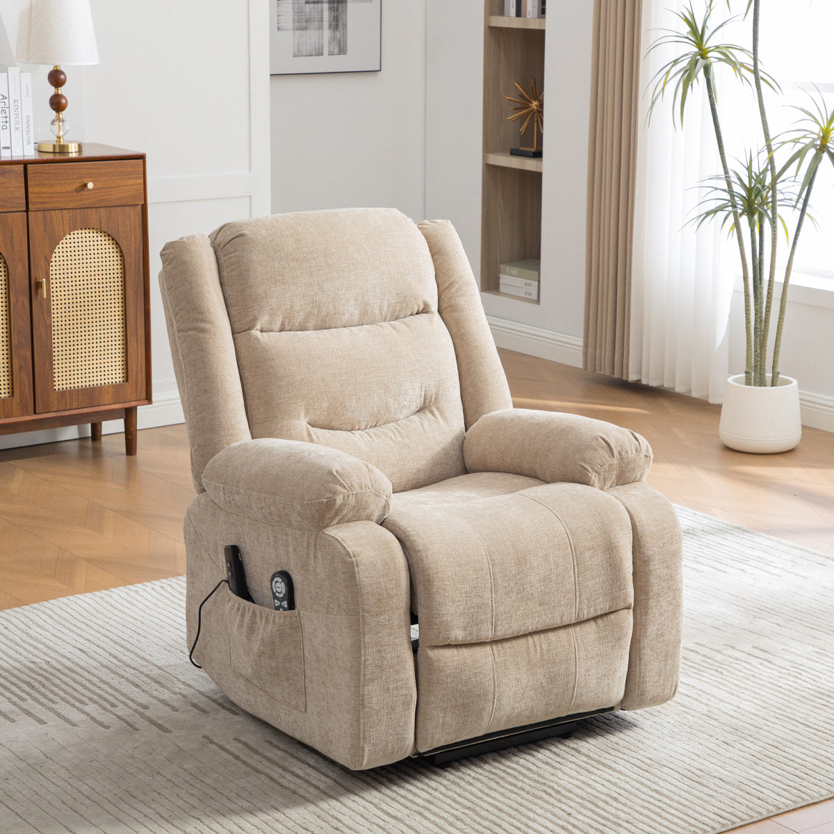 Multifunctional Electric Recliner With Stand-up Aid, Massage And Heat Function, Electrically Adjustable Backrest And Footrest, And Side Storage Pockets.-Light Khaki