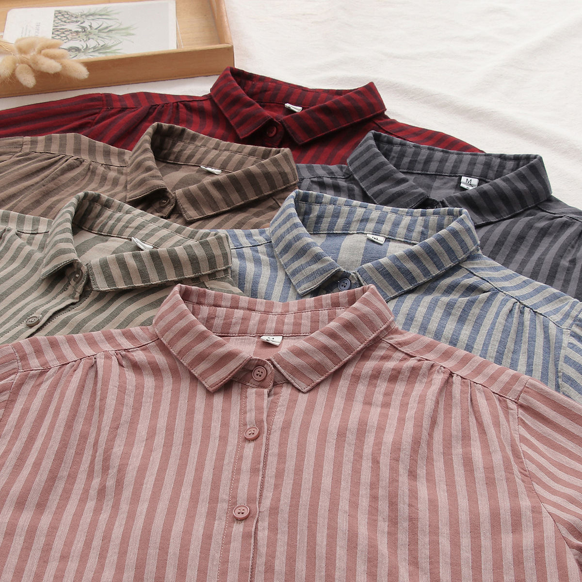 Korean-style Striped Cotton-linen Single-breasted Long-sleeve Shirt For Women