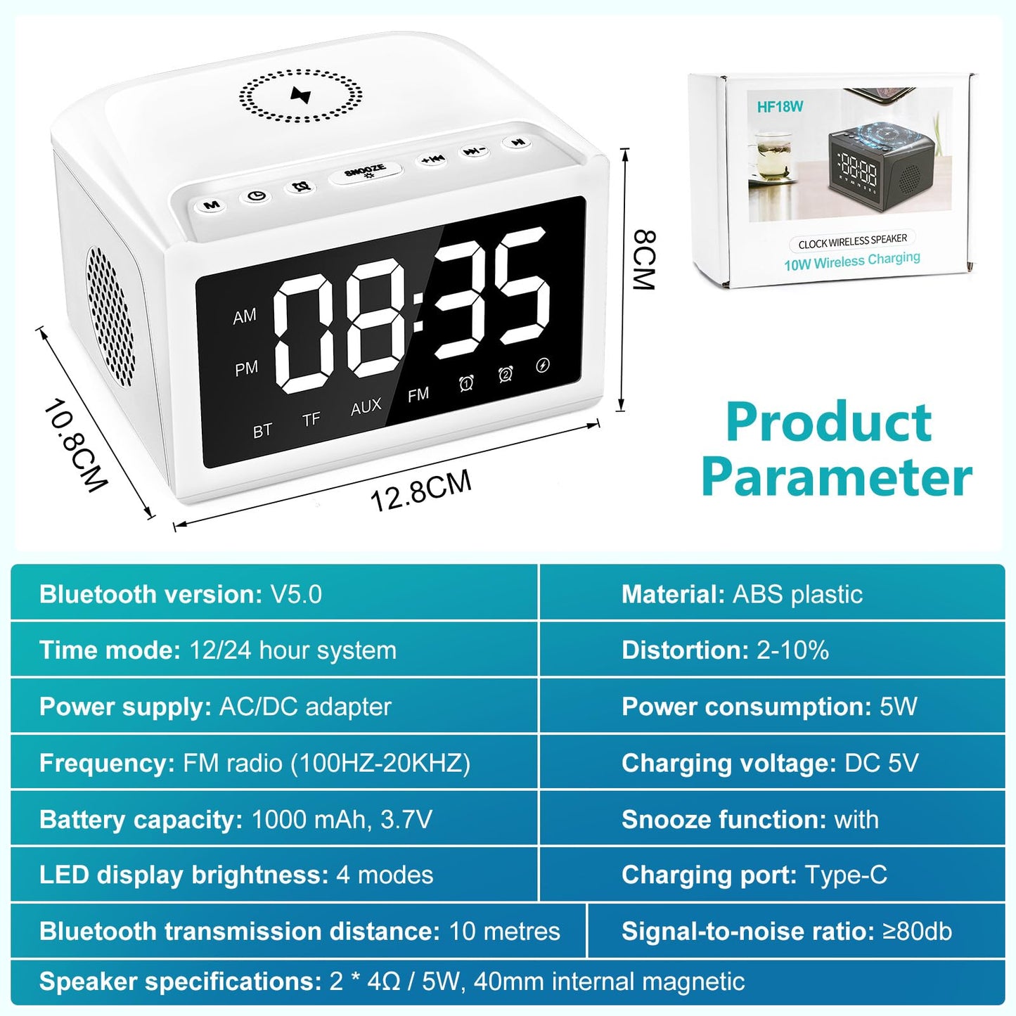 Alarm Clocks Bedside, Digital Alarm Clock Radio With Bluetooth Speaker, USB Charging Port, FM Radio, Universal Wireless Qi Charging, Dimmable LED Display, Dual Wireless Speaker For Home, Work