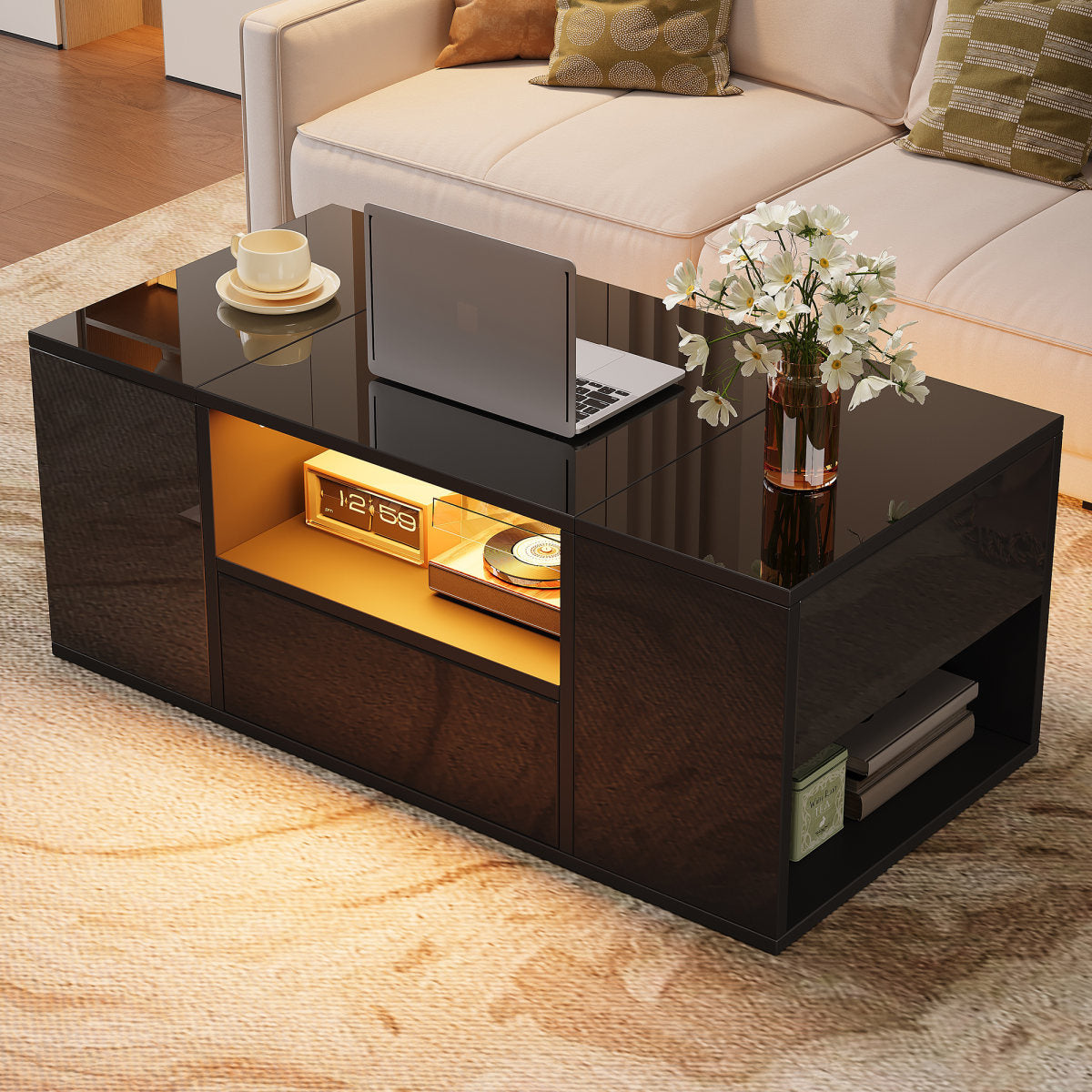 Coffee Table 100 X 50 X 40 Cm , Side Table With One Drawer, A Coffee Table With Two Cabinets, A High-gloss Living Room Table With LED Light Strips, Coffee Table With 6 Storage Compartments, Black