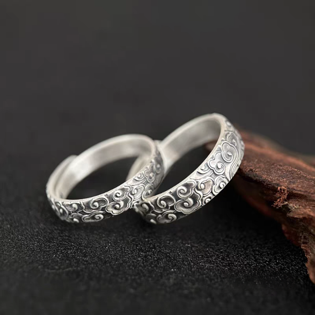 1 Pair 999.9 Sterling Silver Vintage Cloud Open Couple Rings, Retro Chinese Style, Perfect For Daily Wear & Valentine's Day Gift