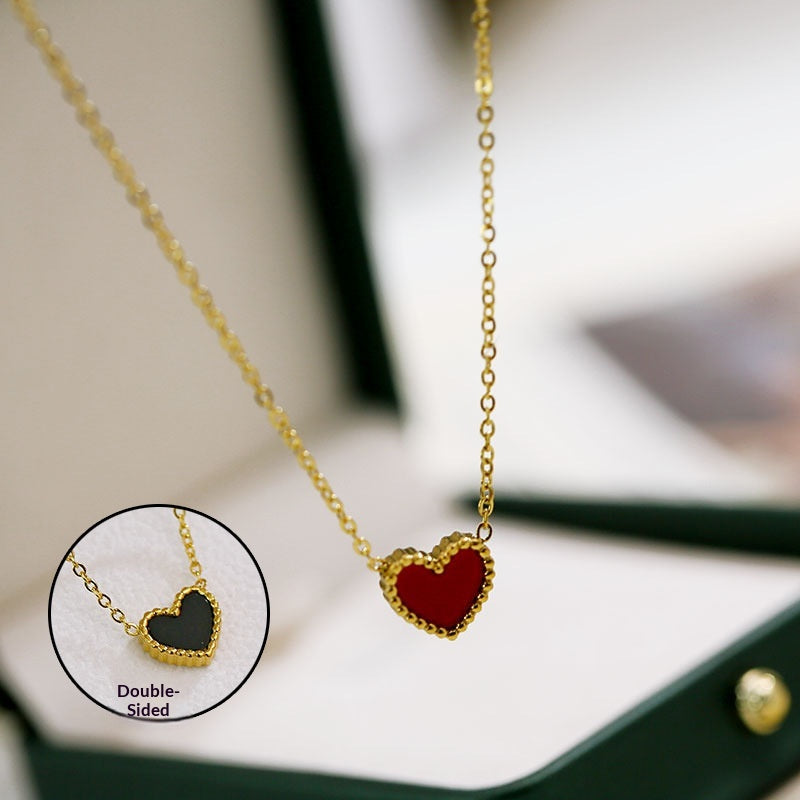 Korean-style Black And Red Double-Sided Heart Titanium Steel Necklace For Women In Japanese And Korean Styles