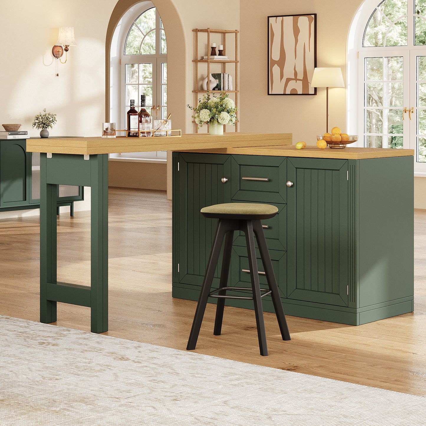 Extendable Sideboard & Table Combo, 120-197cm Adjustable Dining Table With Storage, 3 Drawers & Snack Racks, Space-Saving Kitchen Island For Small Flats, White Antique Green