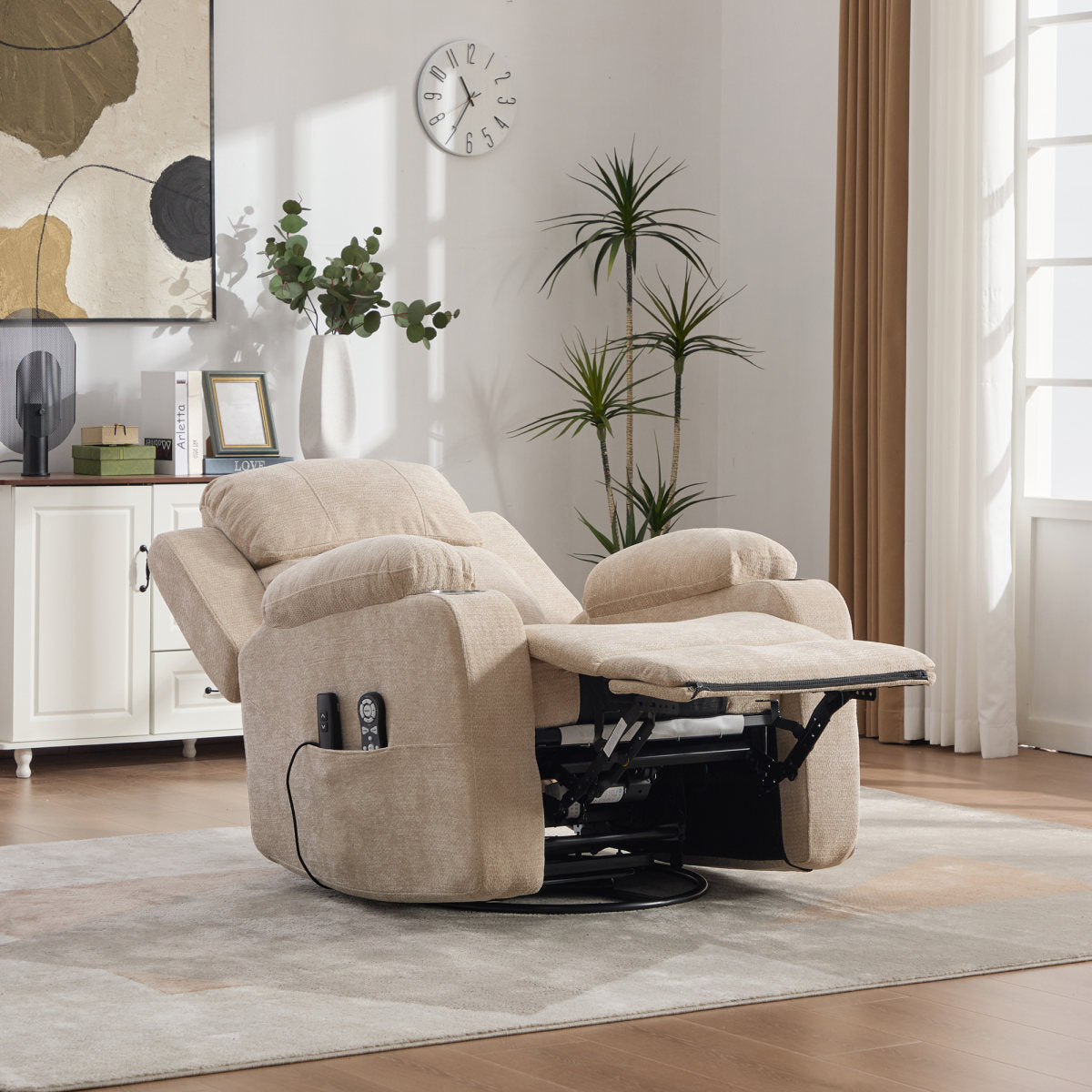 Electric 360 Swivel Recliner With Massage And Heat Function, Electrically Adjustable Backrest And Footrest, As Well As Side Storage Pockets And Cup Holders.Light Khaki