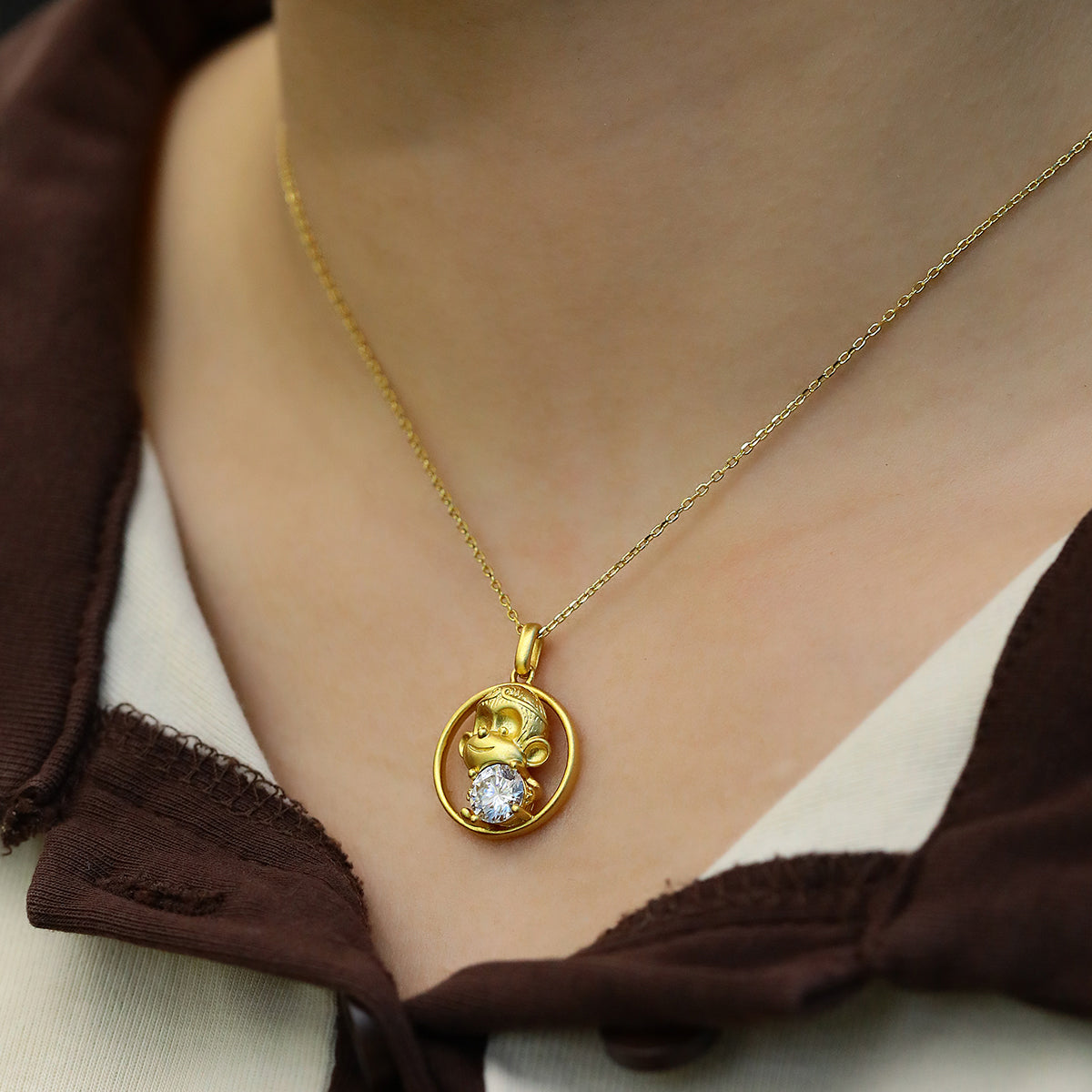 S925 Sterling Silver Gold Plated 1ct D Color VVS1 Moissanite Monkey Necklace 5.4g Chinese Zodiac Benmingnian Gift GRA Certified Gift Box