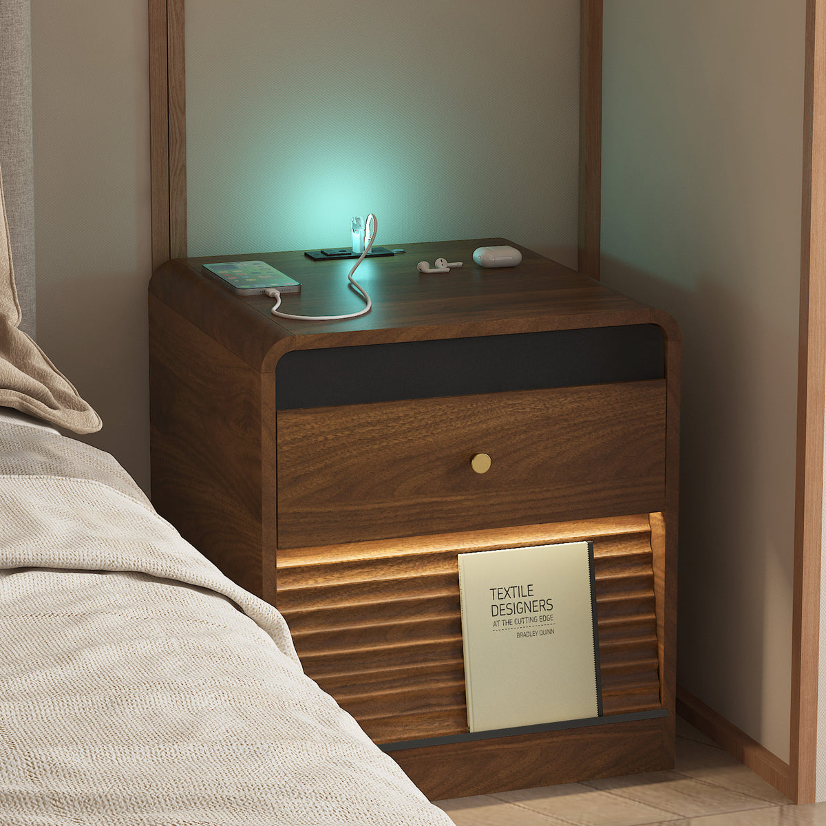 Nightstand With Charging Station, Smart Nightstand With Night Light,with Led Lights,Bedside Tables With Storage Cabinet For Bedroom,Wood