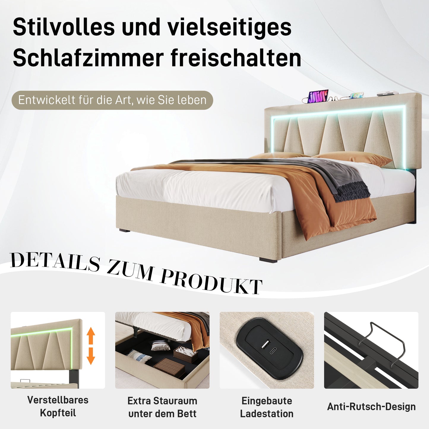 Upholstered Bed LED Double Bed With USB Type-C Charging Function And LED Lighting,Storage Beds Bed Frame Made Of Linen Material Youth Bed 140x200 With Slatted Base Without Mattress