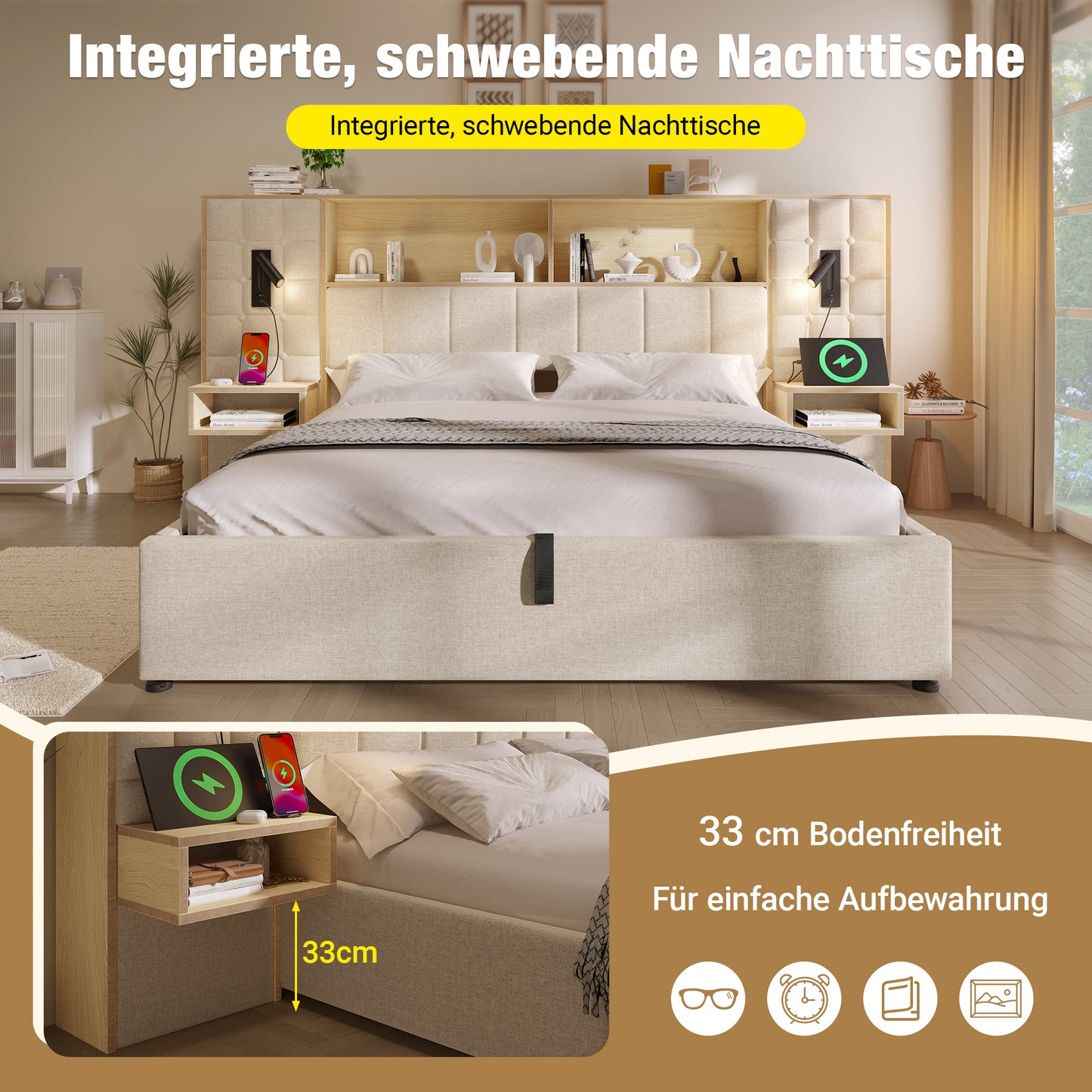 Upholstered Bed 160x200 With Storage Space, System Bed Beige, LED & 2 Reading Lamps, 2 Integr. Bedside Tables, USB Type-C Charging Port, Linen Fabric, Incl. Slatted Frame, Without Mattress