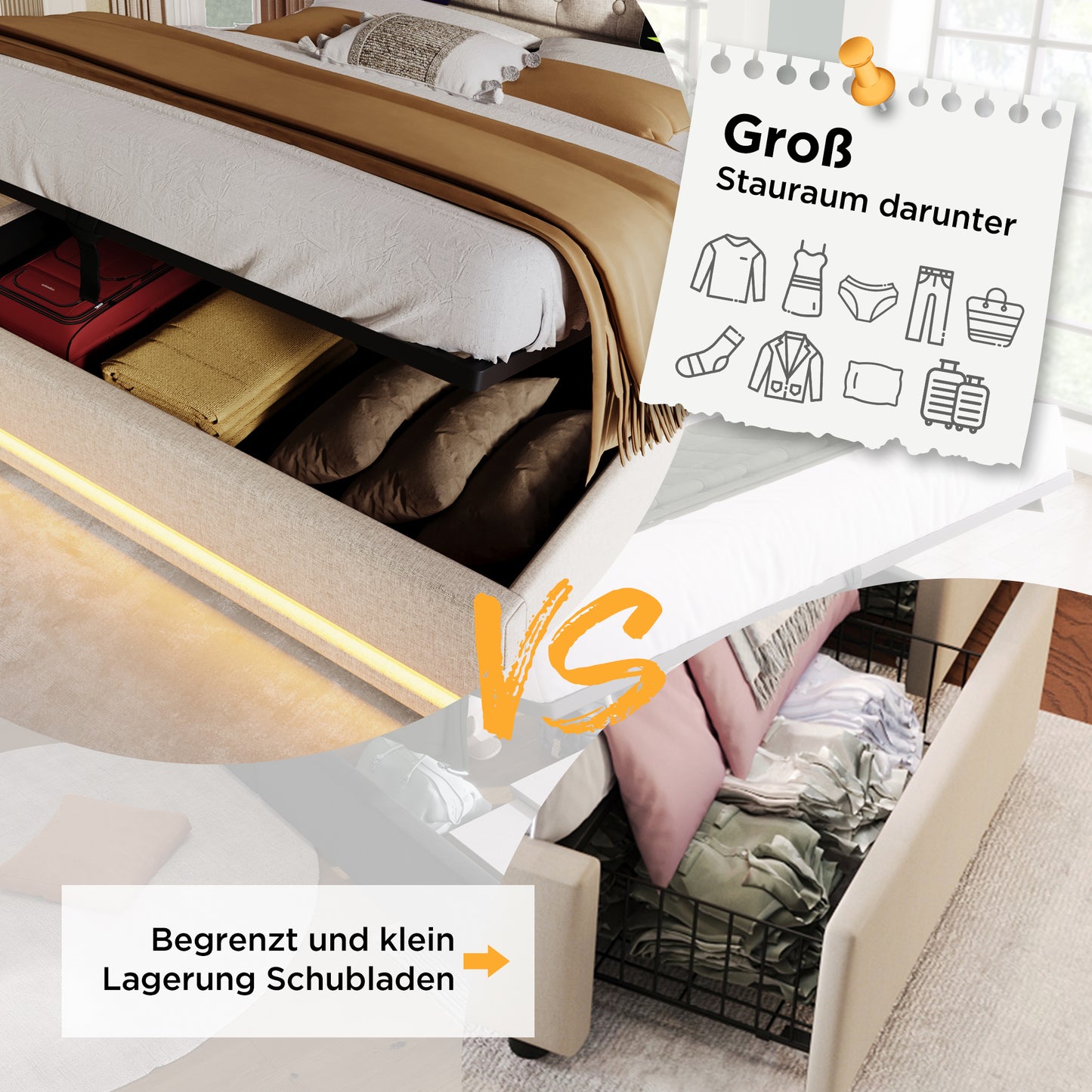 Upholstered Bed Double Bed 140x200 Cm,White PU Material Hydraulic Storage Bed, Upholstered Headboard With USB Type-C Charging Function, 3-Sided LED Function Without Mattress