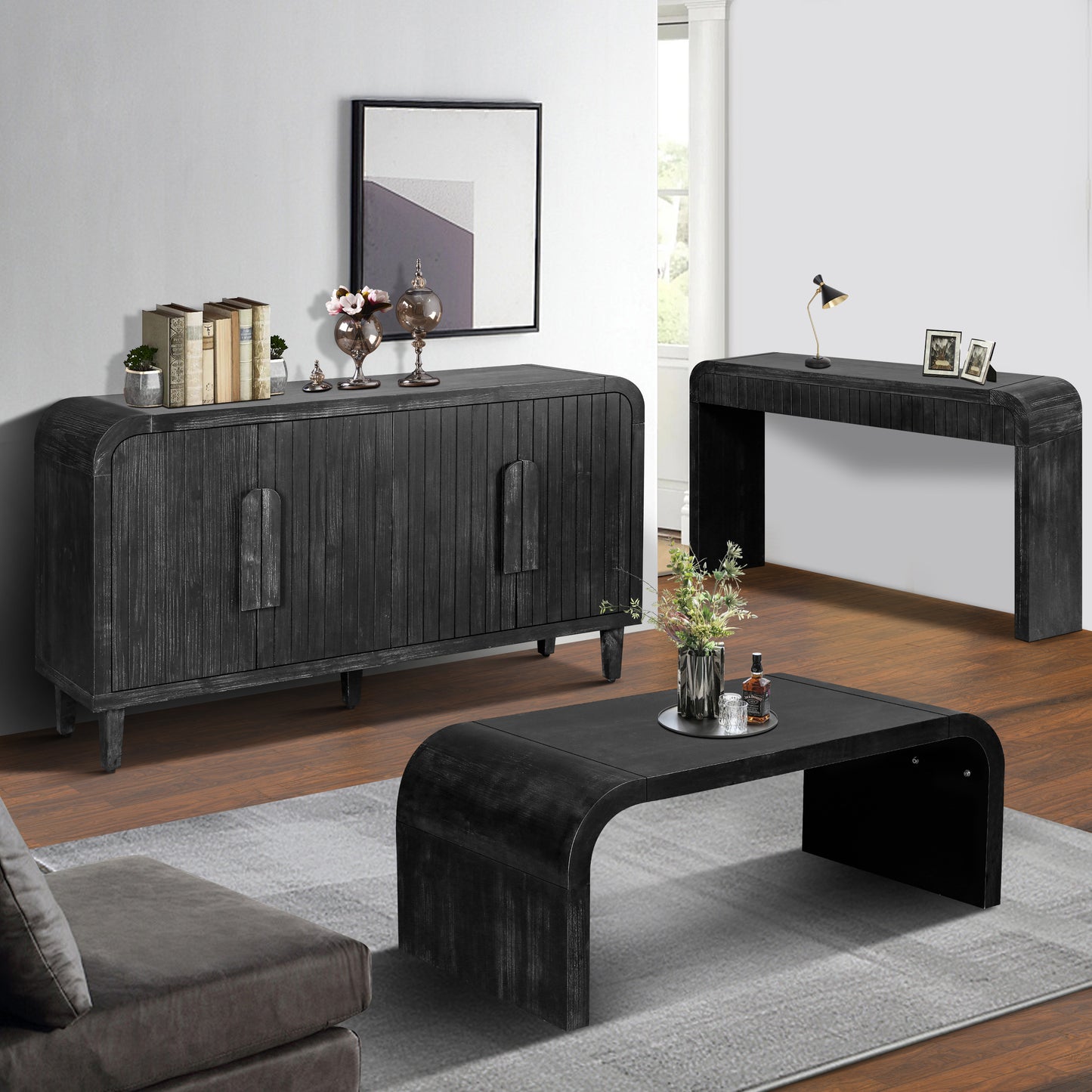 Farmhouse Vintage Crafts Coffee Table,Curved Art Deco Design, Easy Assembly, 48 W X 24 D X 18 Antique Black Same To Old SKU W1445P214061