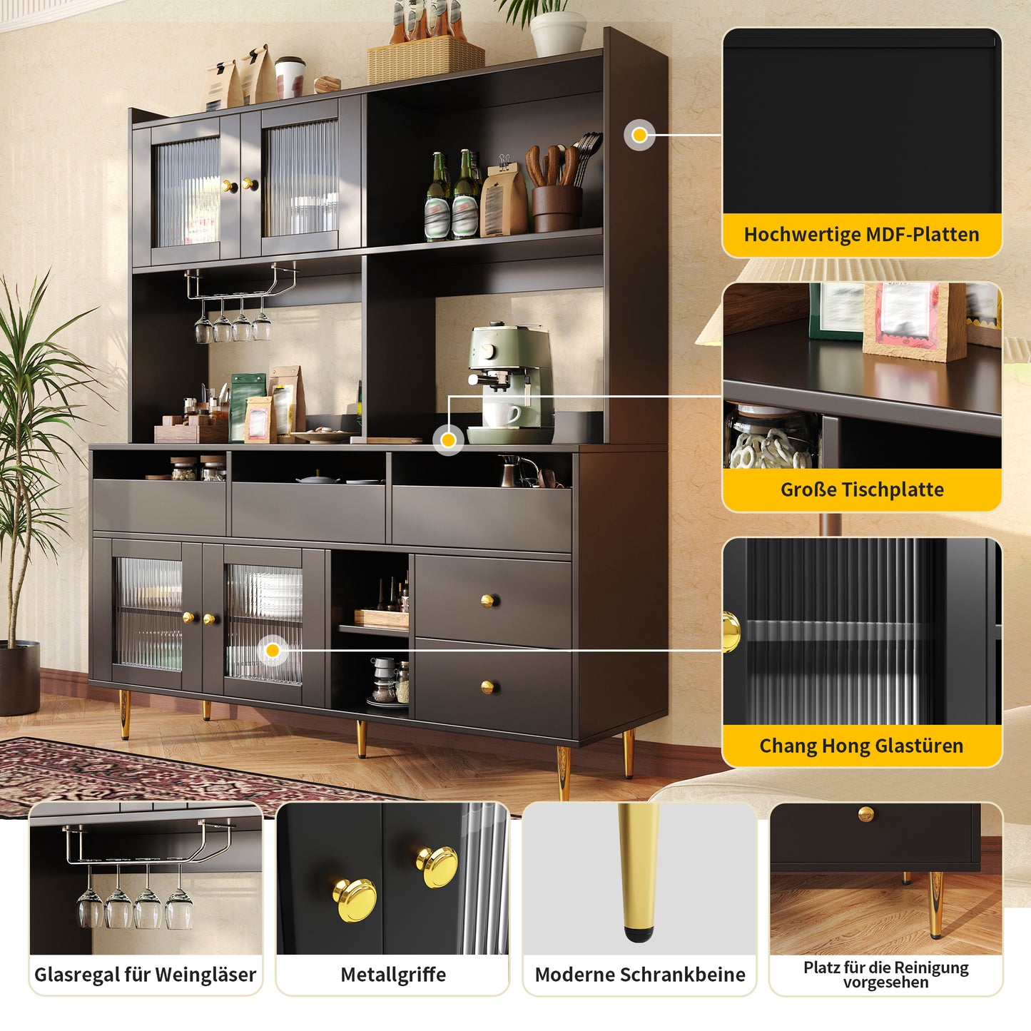 Tall Dining Room Cabinet 145 X 39 X 171 Cm With Perforated Glass Doors, Wine Glass Shelf, Multi-tiered Storage Space, Elegant Black With Gold Decor, Suitable For Use In The Dining Room Previous Sku