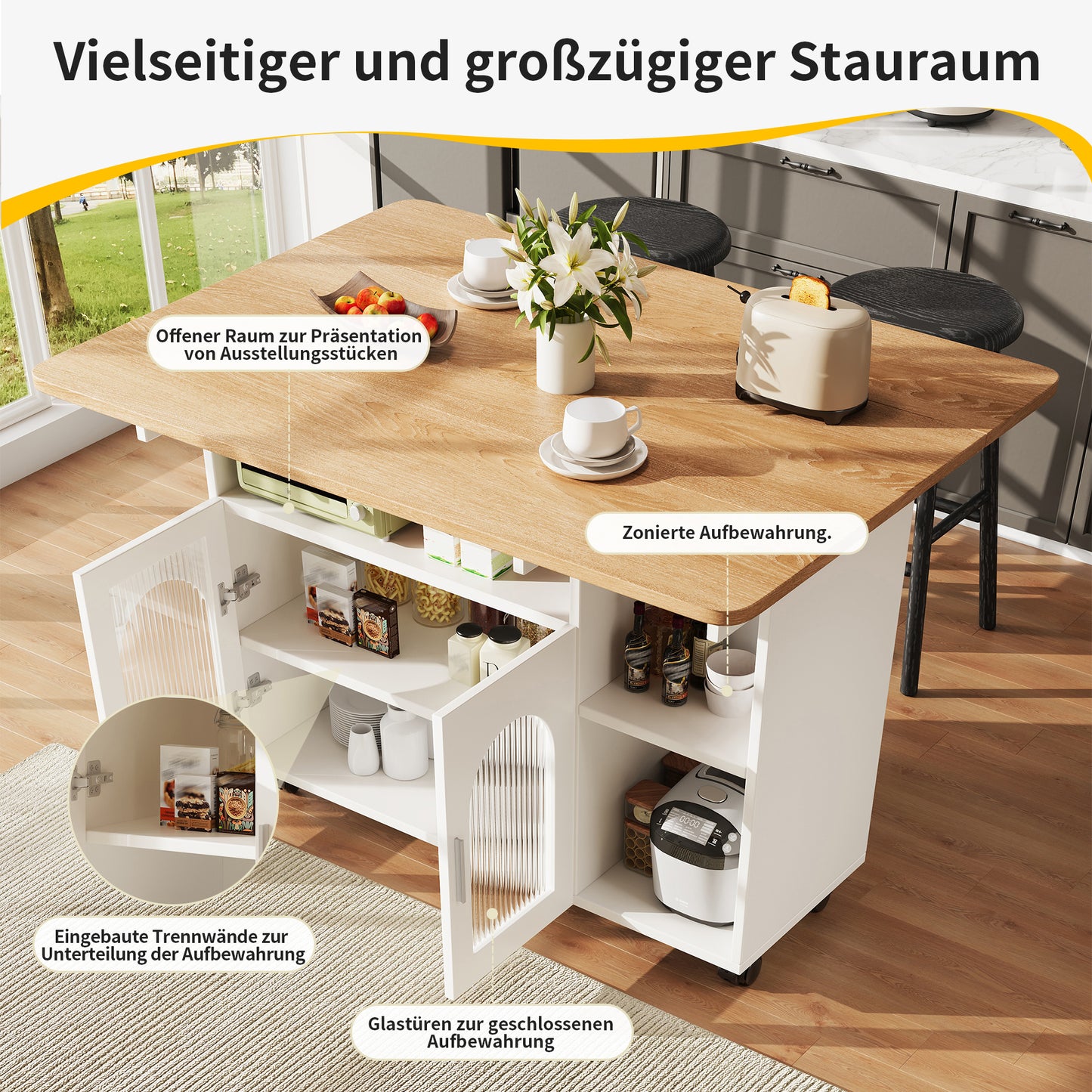 Kitchen Island,Modern Kitchen Siland, Kitchen Cabinet, Removable Serving Trolley Buffet Cabinet, Dining Trolley With Wood Grain, Buffet Cabinet, Multifunctional Dining Table With Storage Space,White