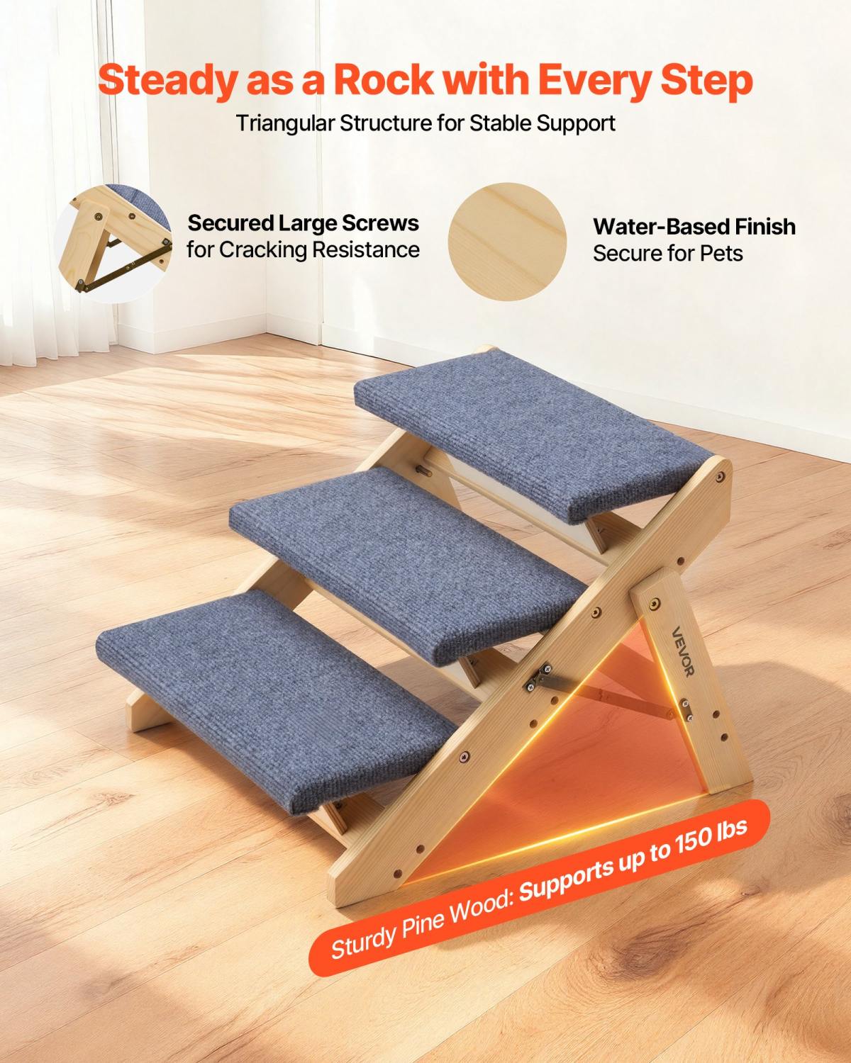 Wood Pet Stairs, 3-Step Dog Stairs For Beds, Sofa & Cars, 150lbs Load Capacity, Floded Flat Design, Stable & Sturdy Cat & Dog Step Ladder For Small Medium Large Older Pet Puppy