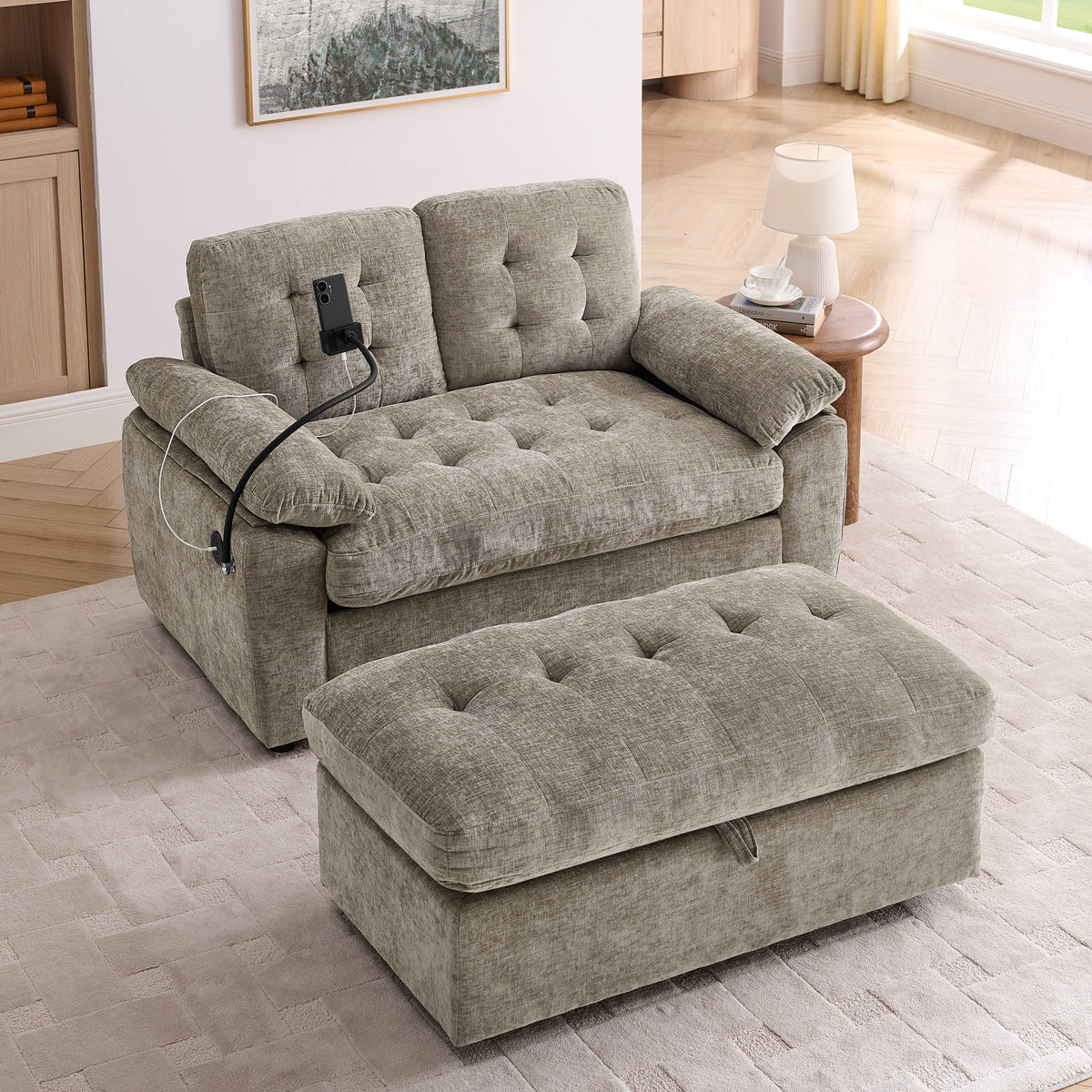 Leisure Sofa Chair,Double Sofa Recliner, With Manually Adjustable Backrest, Soft Padded Armrests, Side USB Charging Port And Phone Stand, Comes With A Matching Storage Ottoman-Brown