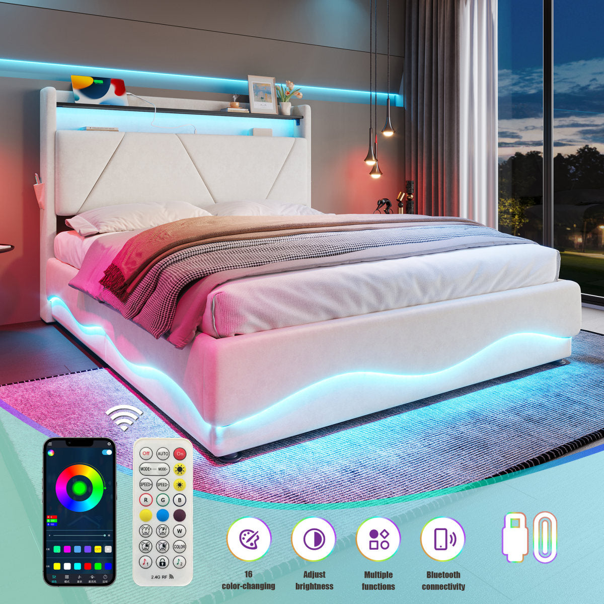 Modern Upholstered Bed Headboard With LED Lighting And Shelving Surfaces, Additional Under-bed Storage, Quiet Gas-pressure Slatted Base, Certified USB Ports, Practical Side Pockets.135x190cm Beige