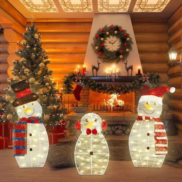 3-Piece 2D Outdoor Snowman Christmas Decorations Yard, 30 Inch Pre Lit Snowman Family With Led Lights Outside Indoor Holiday Lighted Christmas Decor For Lawn