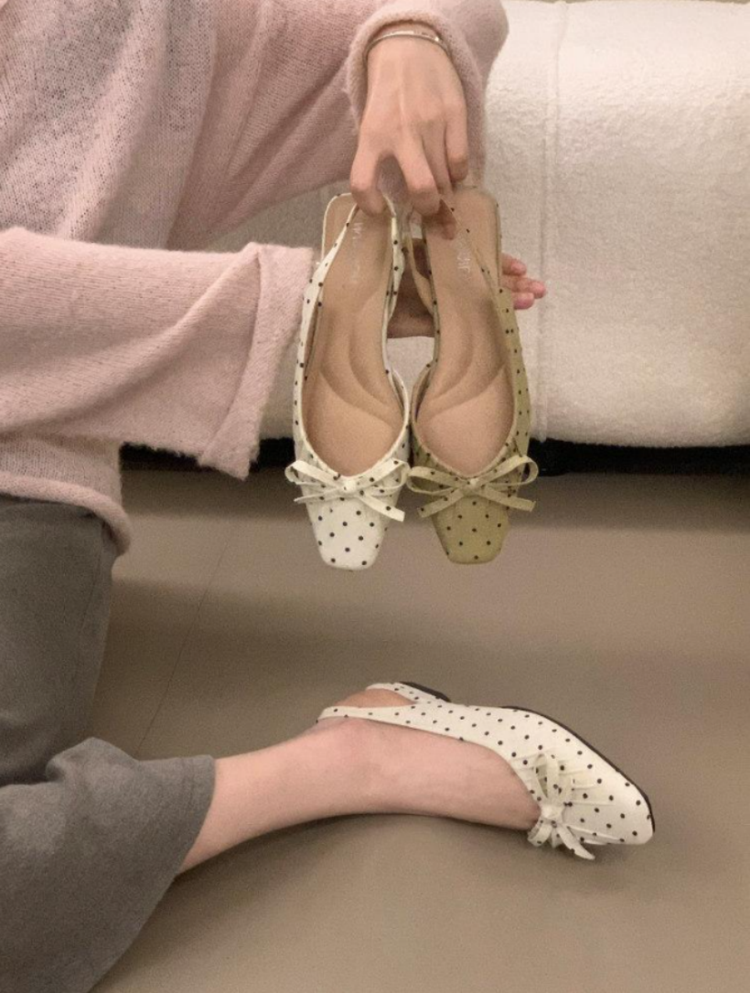 Women 2026 New French Polka Dot Square Toe Mid Heel Single Strap High Heels, Bow Thick Heel Pumps Closed Toe Sandals