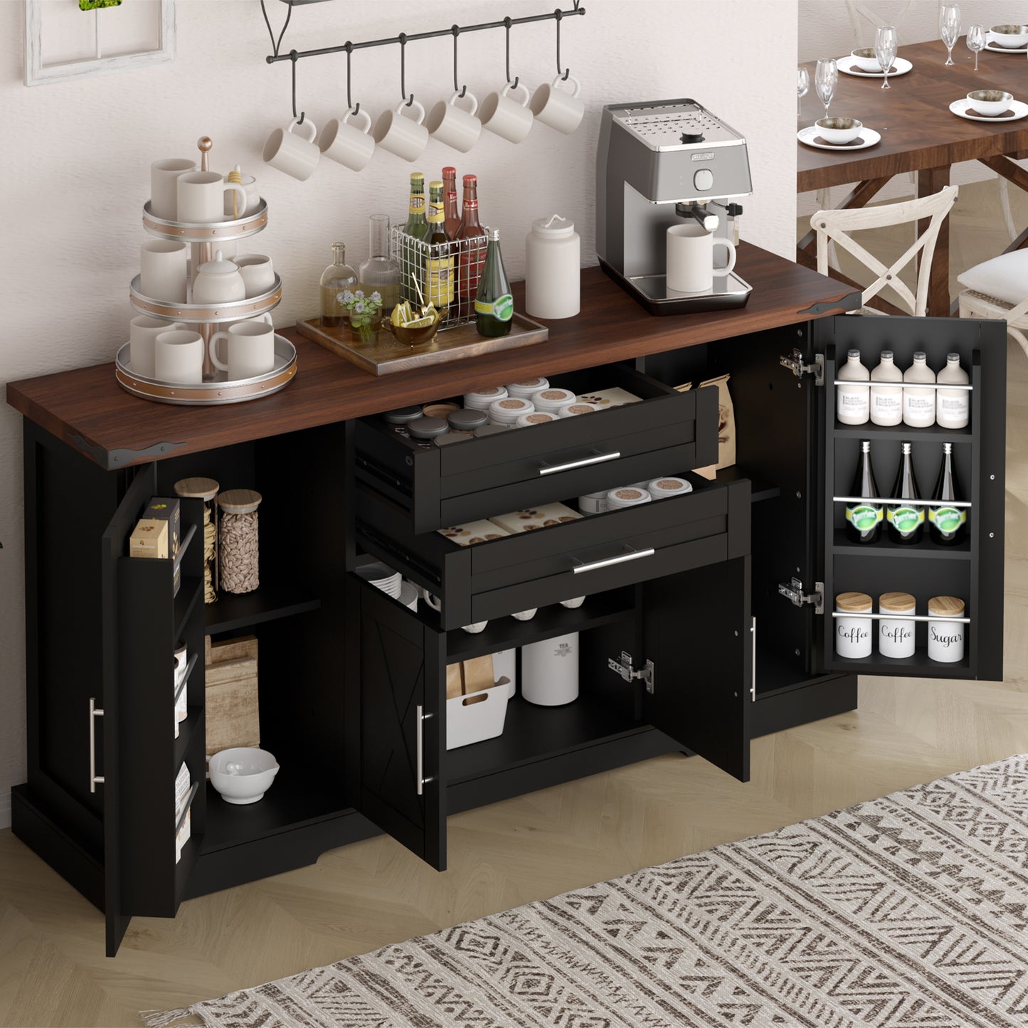 63 Farmhouse Barn Door Storage Cabinet With 2 Drawers & Door Rack, Large Buffet Table Coffee Bar Cabinets With Adjustable Shelves For Kitchen, Living Room, Entryway, Dining Room, Black