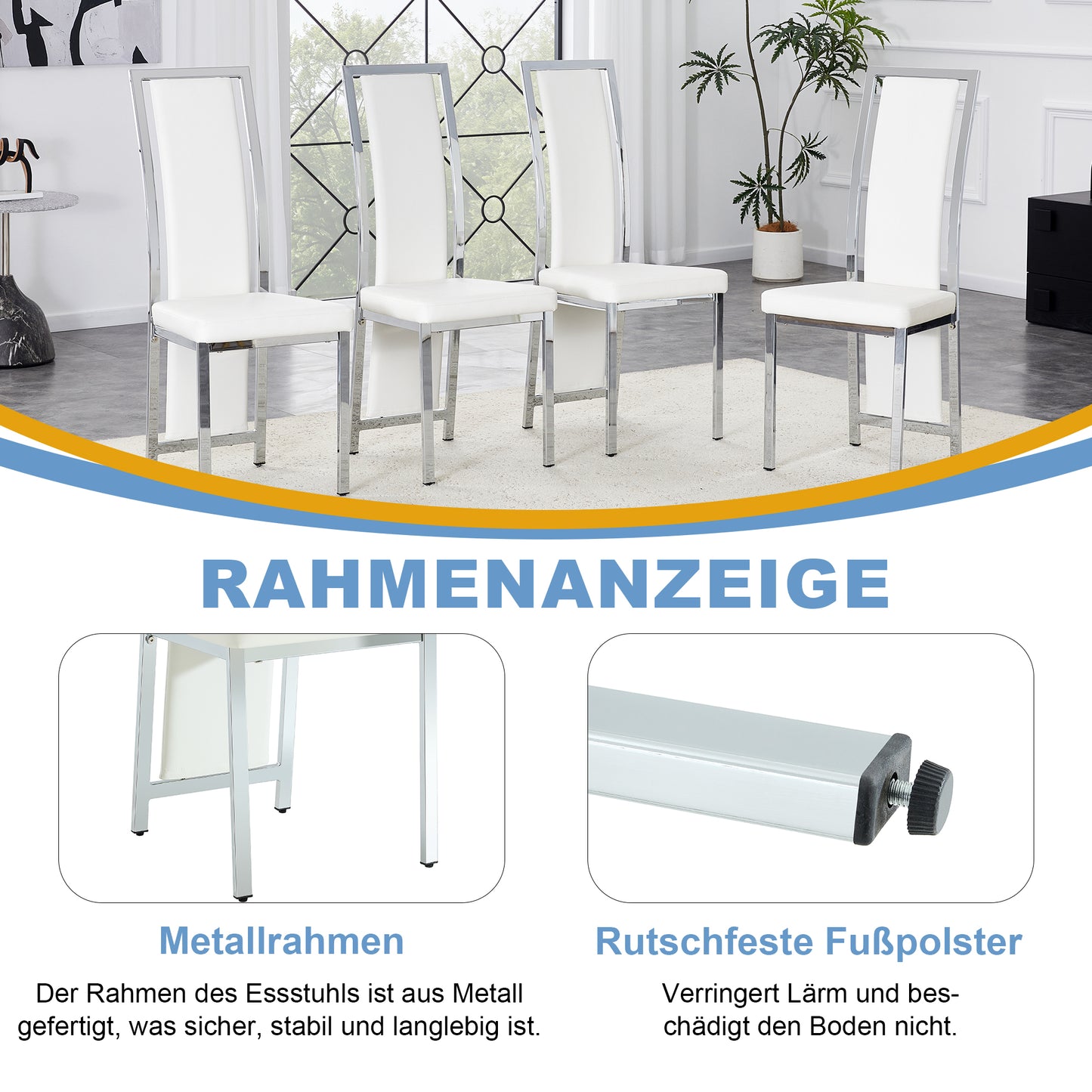 Set Of 4 European Minimalist Dining Chairs With Silver Edge. White PU Leather Silver Luster Metal Frame, 109cm High, For Versatile Uses, Such As Dining Room, Office, Etc.
