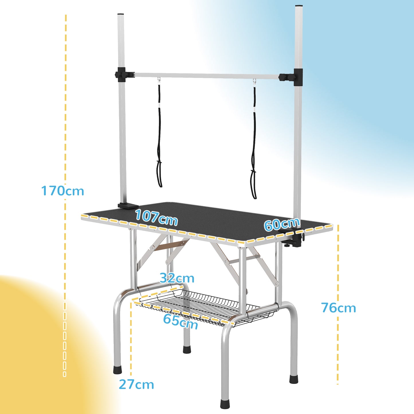 PawHut 42" Dog Grooming Table, Adjustable Pet Cat Drying Beauty Table With 2 Loops Storage Basket, Rubber Top, Black