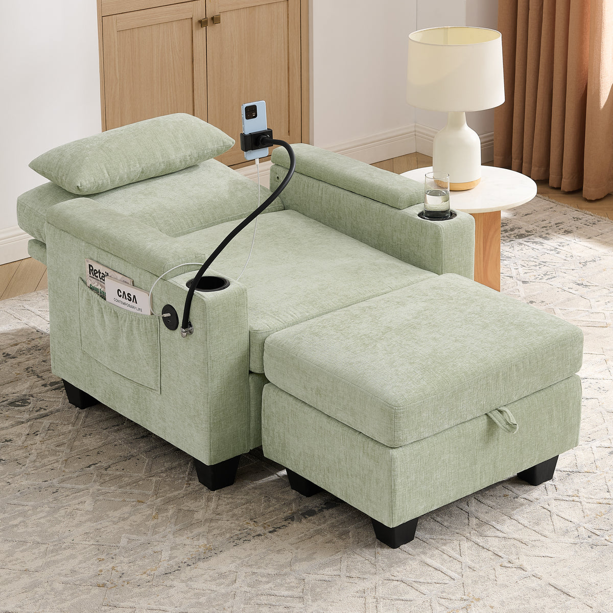 Single Sofa Recliner With Manually Adjustable Backrest, USB Charging Port On The Armrest Side, Phone Stand Included, Hidden Armrest Storage, And A Matching Storage Ottoman-Cyan