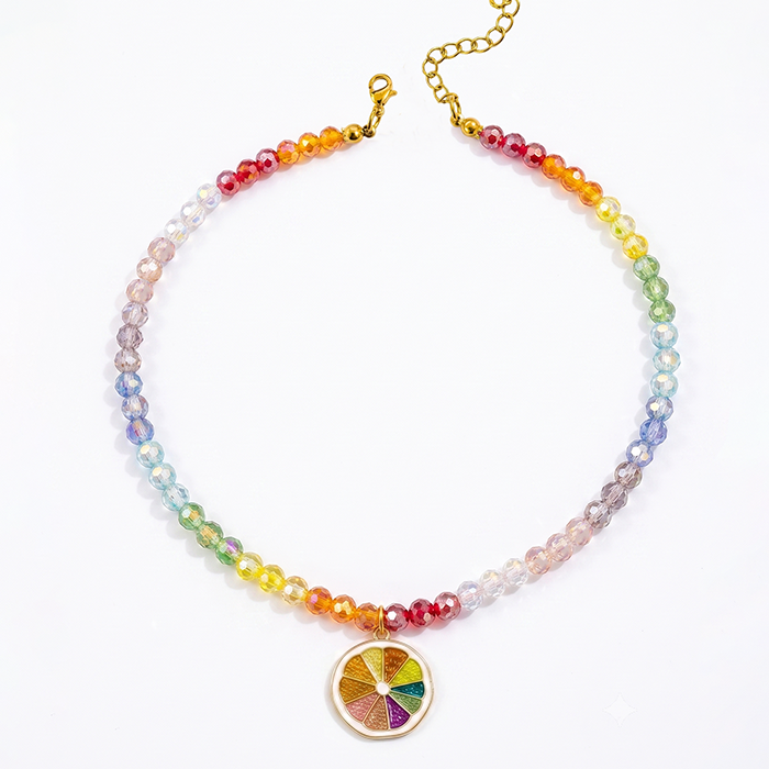 Rainbow Glass Bead Fruit Choker Necklace For Women, Stainless Steel Chain With Cute Citrus Lemon Slice Pendant, Colorful Summer Jewelry Gift