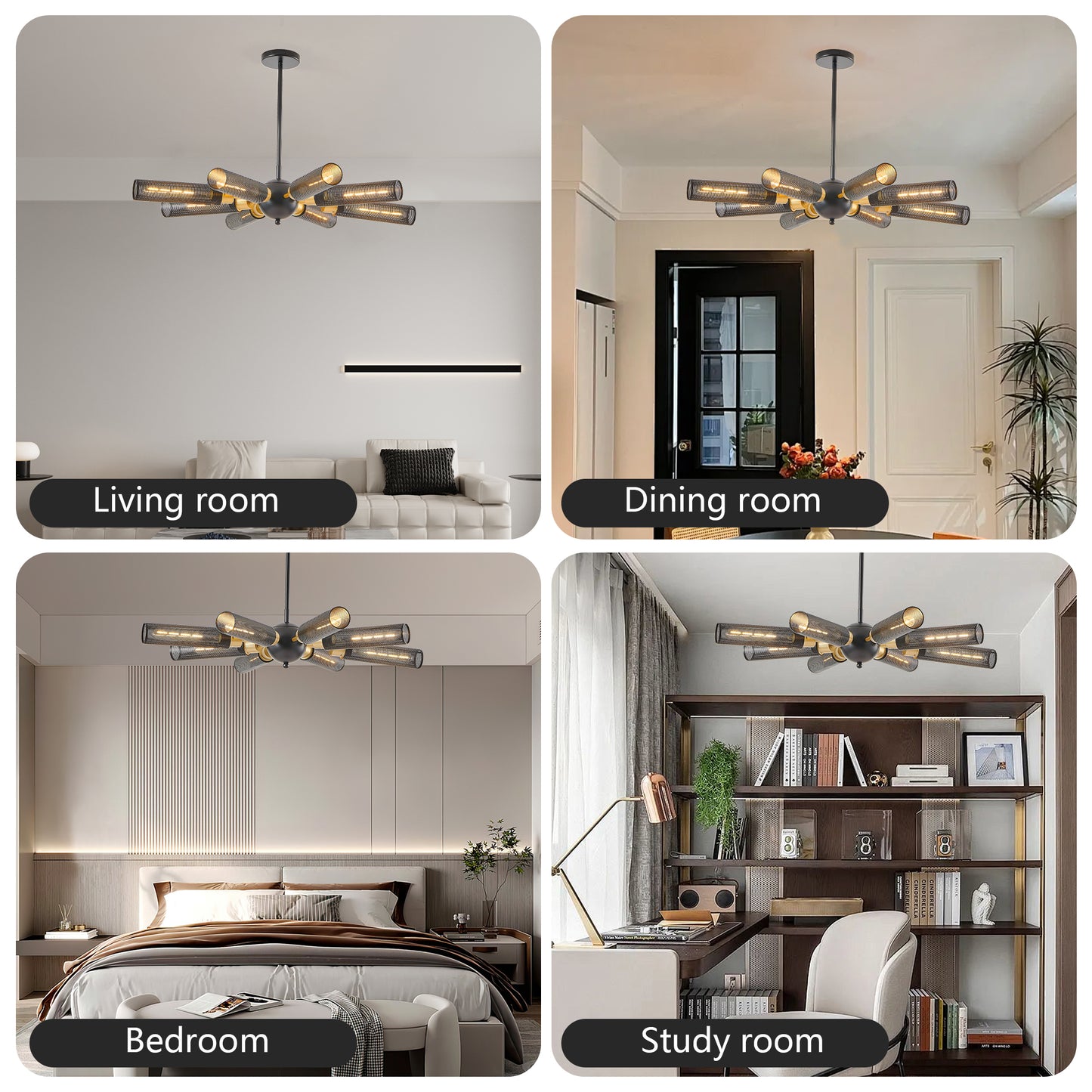 34 Modern Industrial Sputnik Chandelier, 8-Light Black And Gold Metal Pendant Light With Mesh Shades, E26 Base, Adjustable Height For Dining Room, Living Room, Or Kitchen Island Bulb Not Included