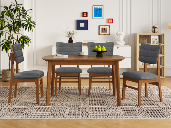 Farmhouse Dining Table Set for 4, Wood Kitchen Table & 4 Upholstered Chairs with Sturdy Rubber Wood Frame, Padded Seat, Curved Backrest, Space-Saving Dinette Set for Dining Room, Brown+Gray