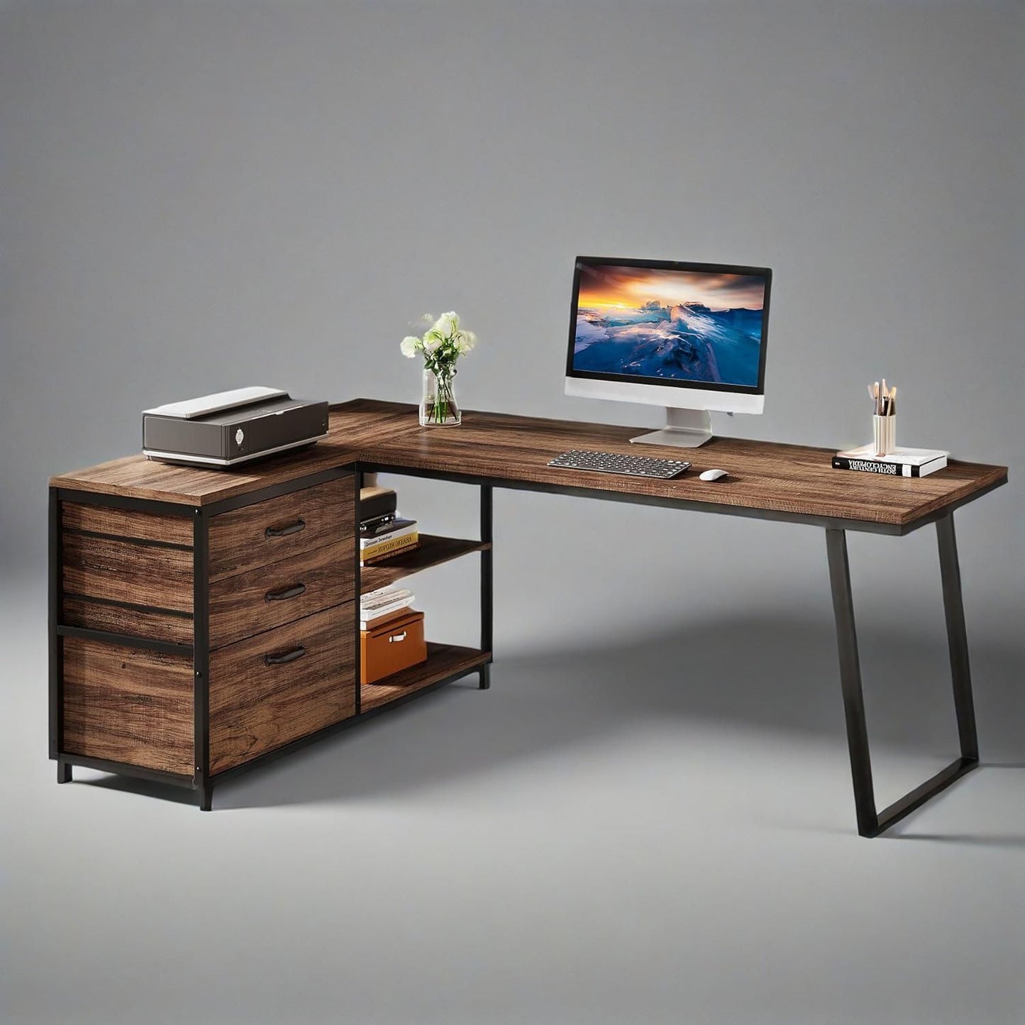 53" L Shaped Office Desk, Reversible Corner Computer Desk With 3 File Drawers And 2 Storage Shelves