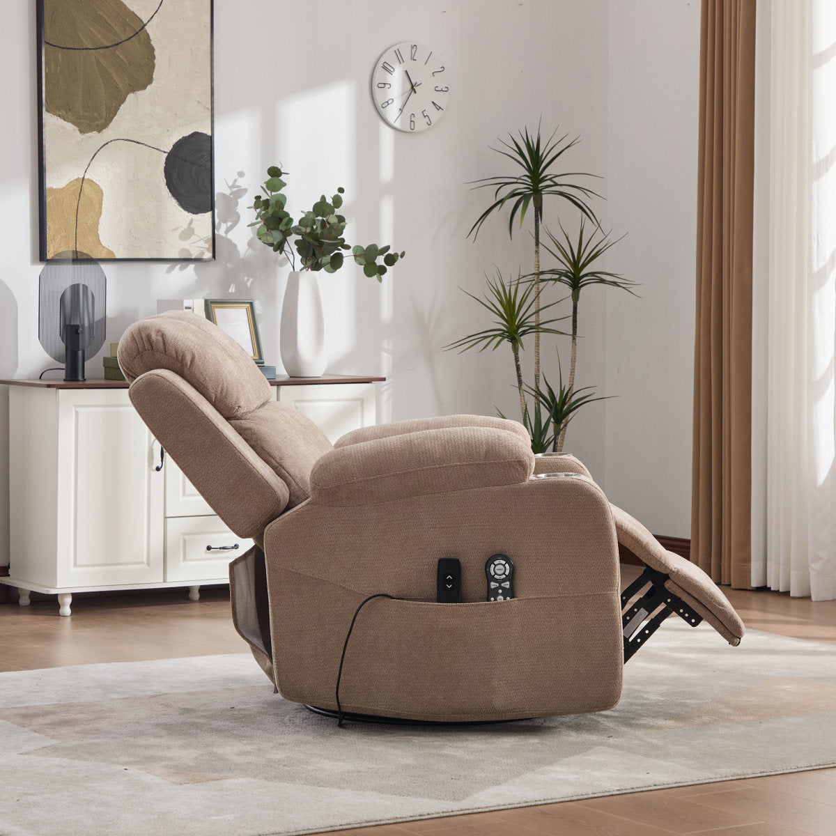 Electric 360 Swivel Recliner With Massage And Heat Function, Electrically Adjustable Backrest And Footrest, As Well As Side Storage Pockets And Cup Holders.