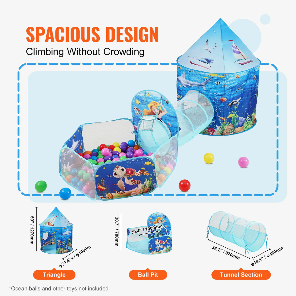 3 In 1 Kids Play Tent With Tunnel, Basketball Hoop For Boys, Girls, Babies And Toddlers, Indoor Outdoor Pop Up Playhouse With Carrying Bag & Banding Straps Birthday Gifts, Blue Ocean