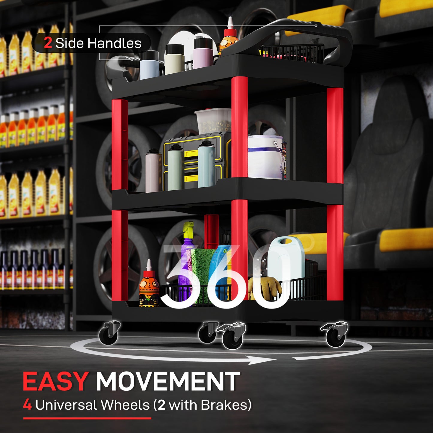 3-Tier Rolling Tool Cart, Tool Trolley On Wheels, Plastic Mobile Service Utility Cart With Handles For Garage, Mechanics And Warehouse, 91kg Capacity, Black And Red
