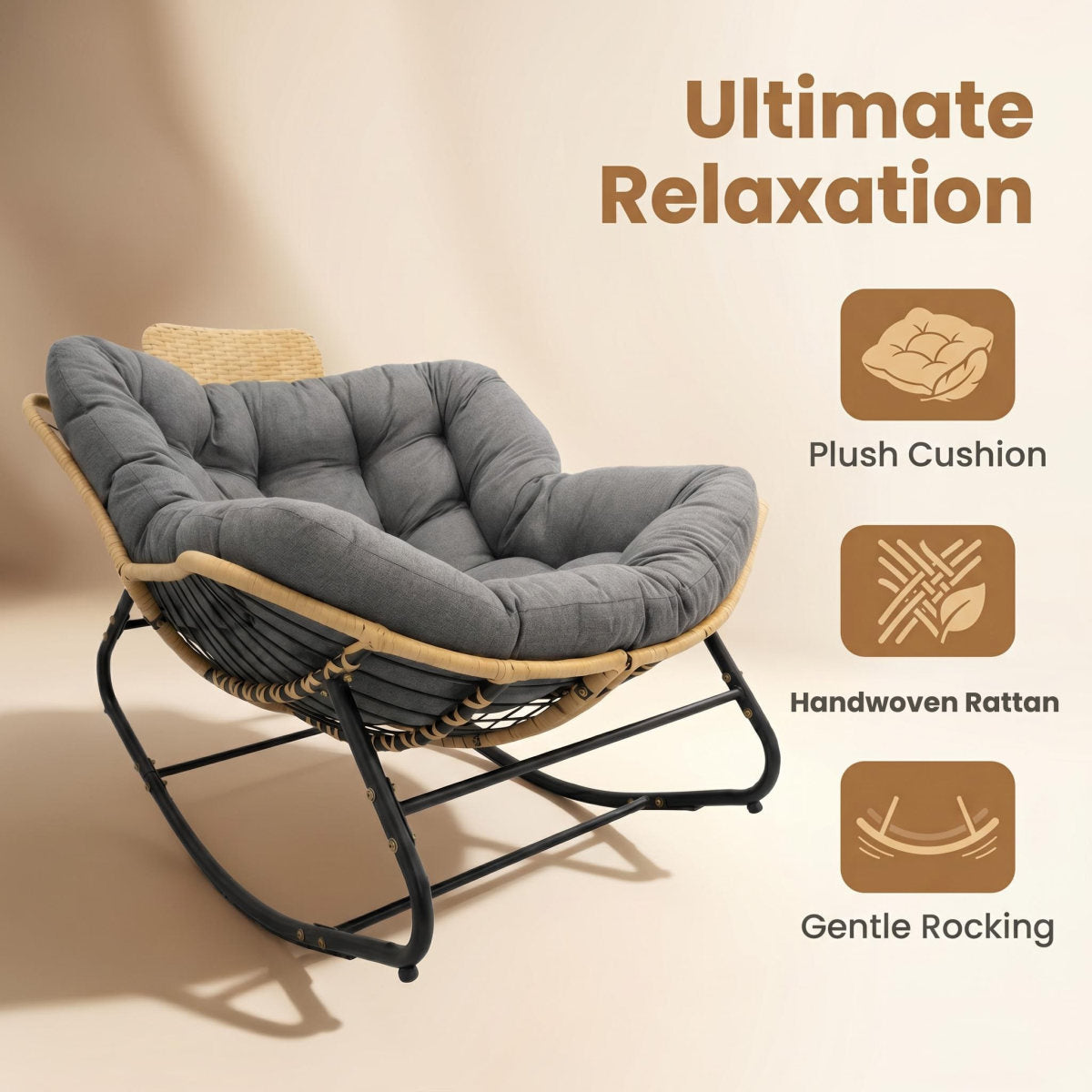 39.37"Papasan Rocking Chair Outdoor, Oversized Patio Egg Chair with Thick Cushion And Handwoven Rattan Head Pillow,Indoor Wicker Lounge Rocker Bed for Balcony, Porch, Garden, Dark Grey