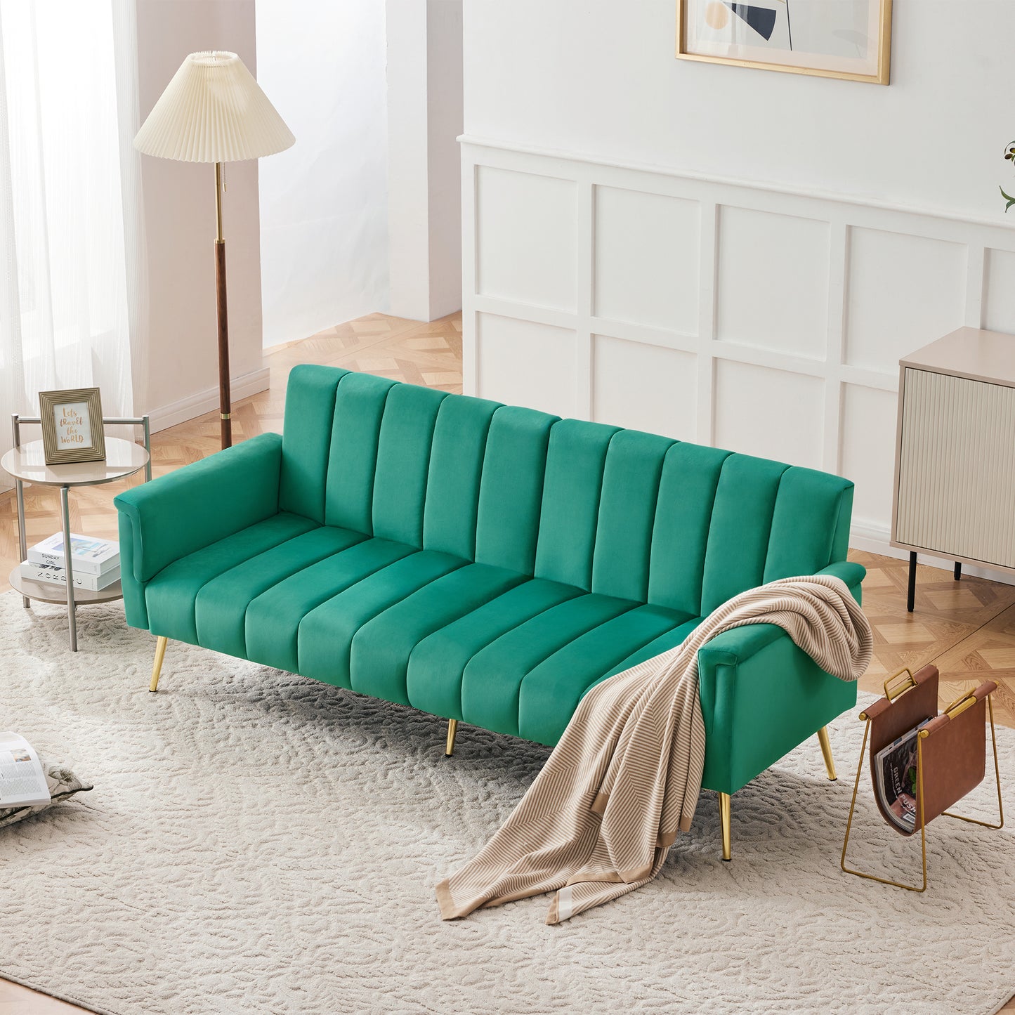 Modern Adjustable Velvet Sofa Bed With Multi Position Backrest & Armrests, Metal Legs, Convertible Sleeper Function, Ideal For Living Room, Bedroom, Home Theater & Guest Room, Green, Video Included
