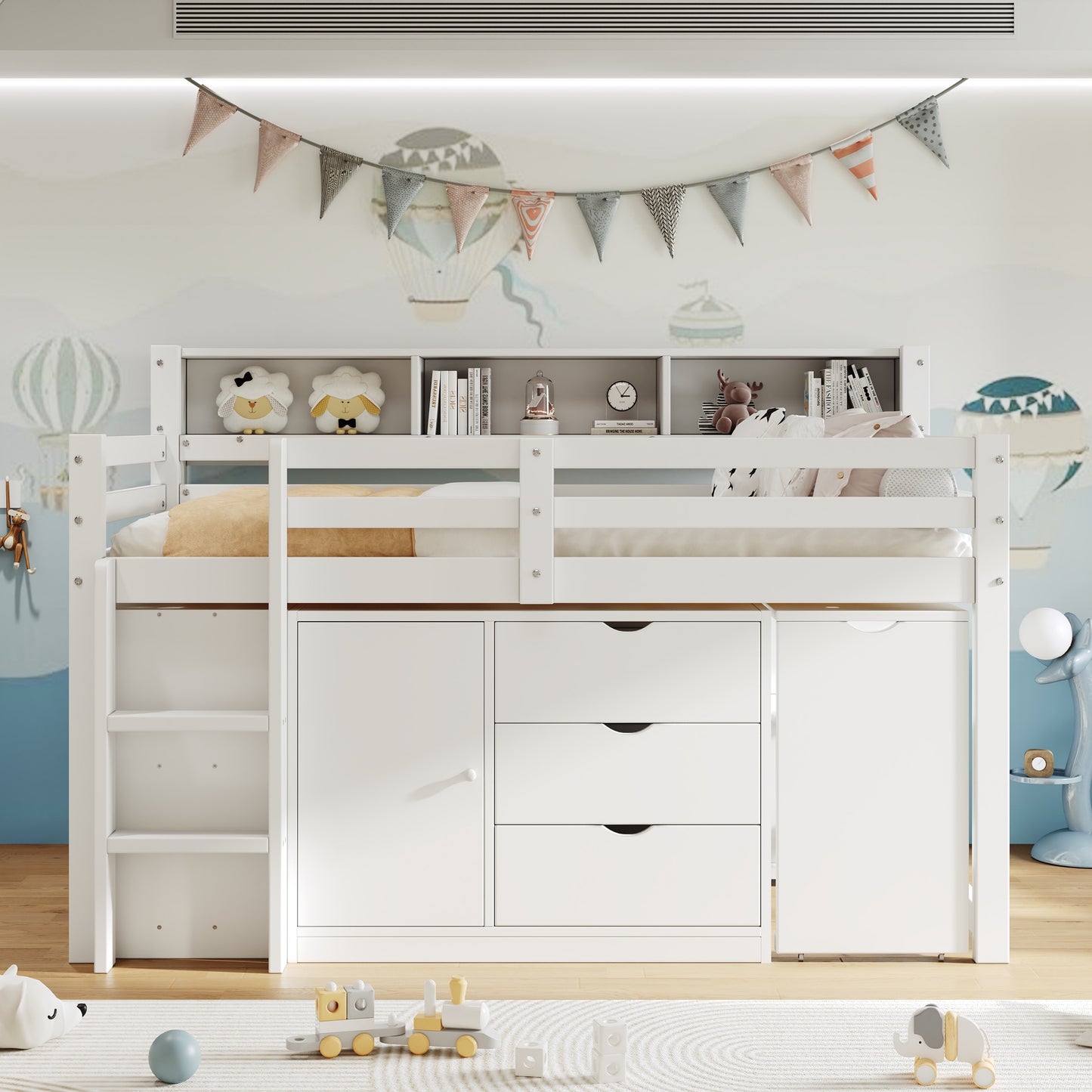 3ft Single Wooden Storage Bed With Pull-out Desk, Modern Wood Bed With Three Drawers, Storage Cabinet & Headboard Shelves, Space-saving Design With Storage Compartment, White No Mattress