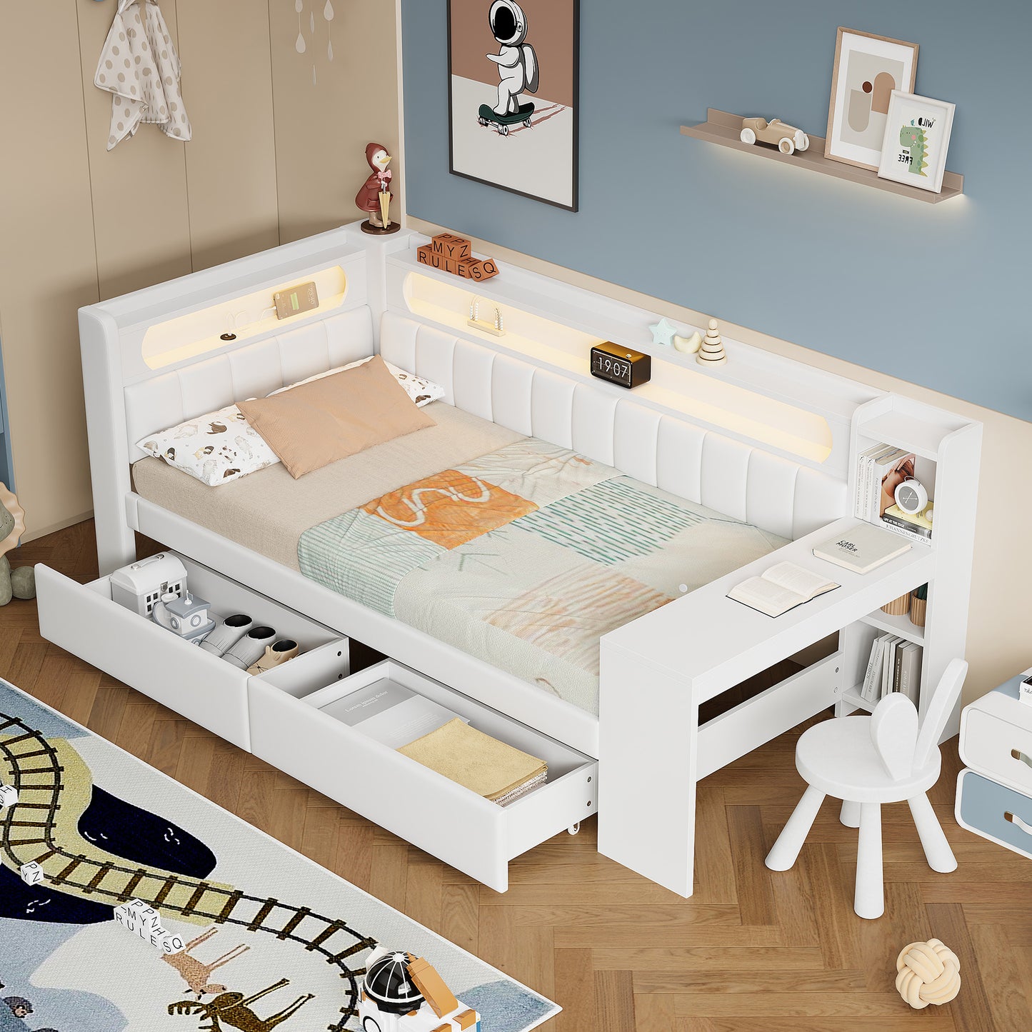 90x200 Padded Daybed With USB Ports And LED Belt, With Desk And 2 Drawers, White