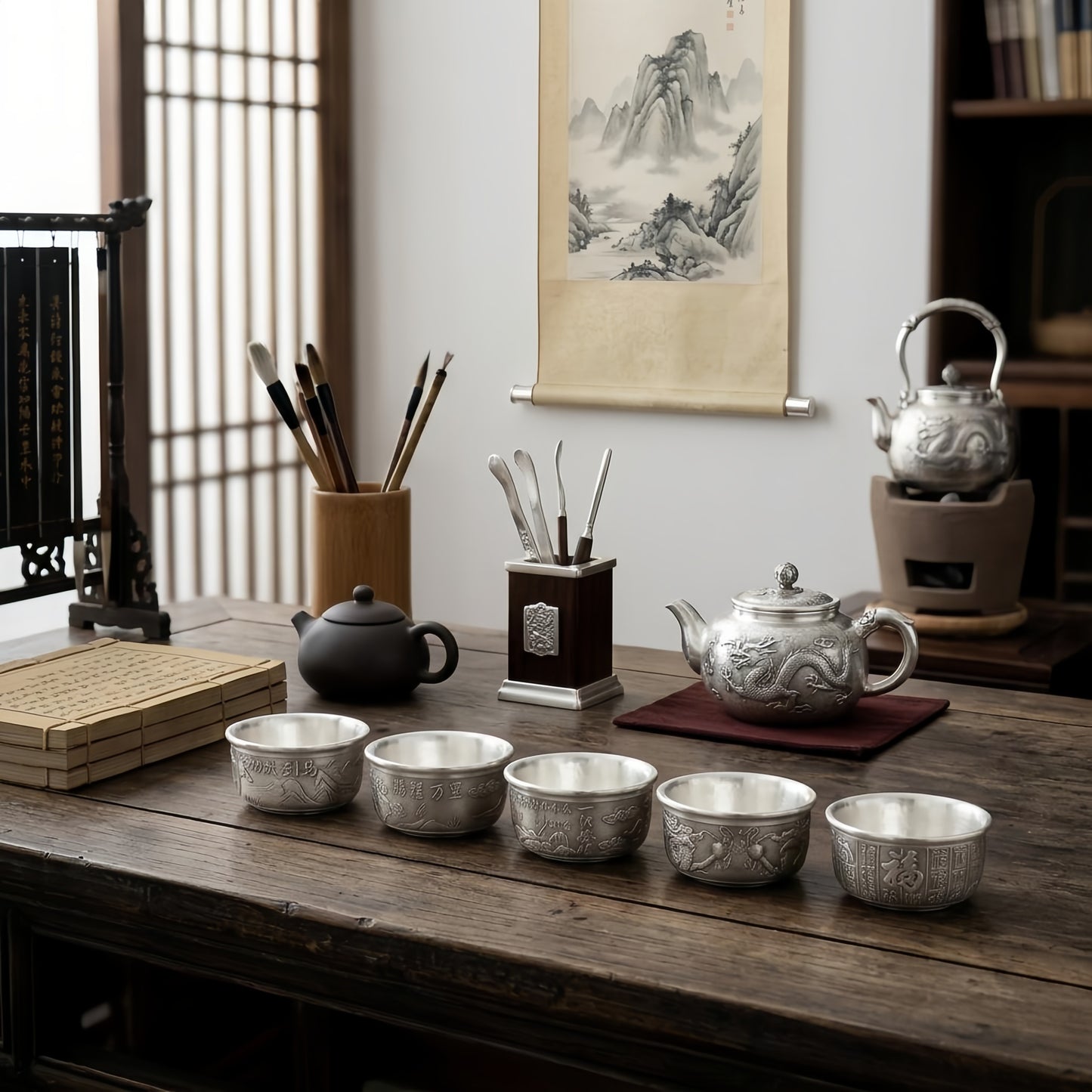 925 Sterling Silver Set of Five Antique-Style Chinese Silver-Plated Tea Cups with Embossed Traditional Motifs - Handicraft